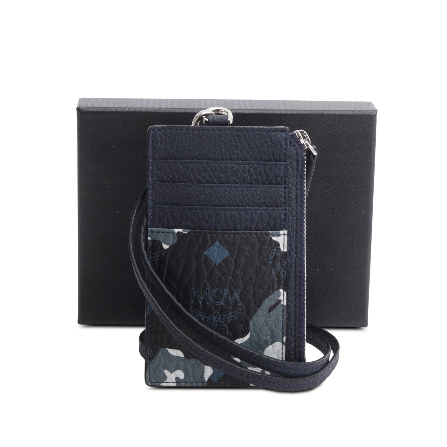 MCM Navy Leather Camo Print Portuna Card Holder w/ Box & Strap
