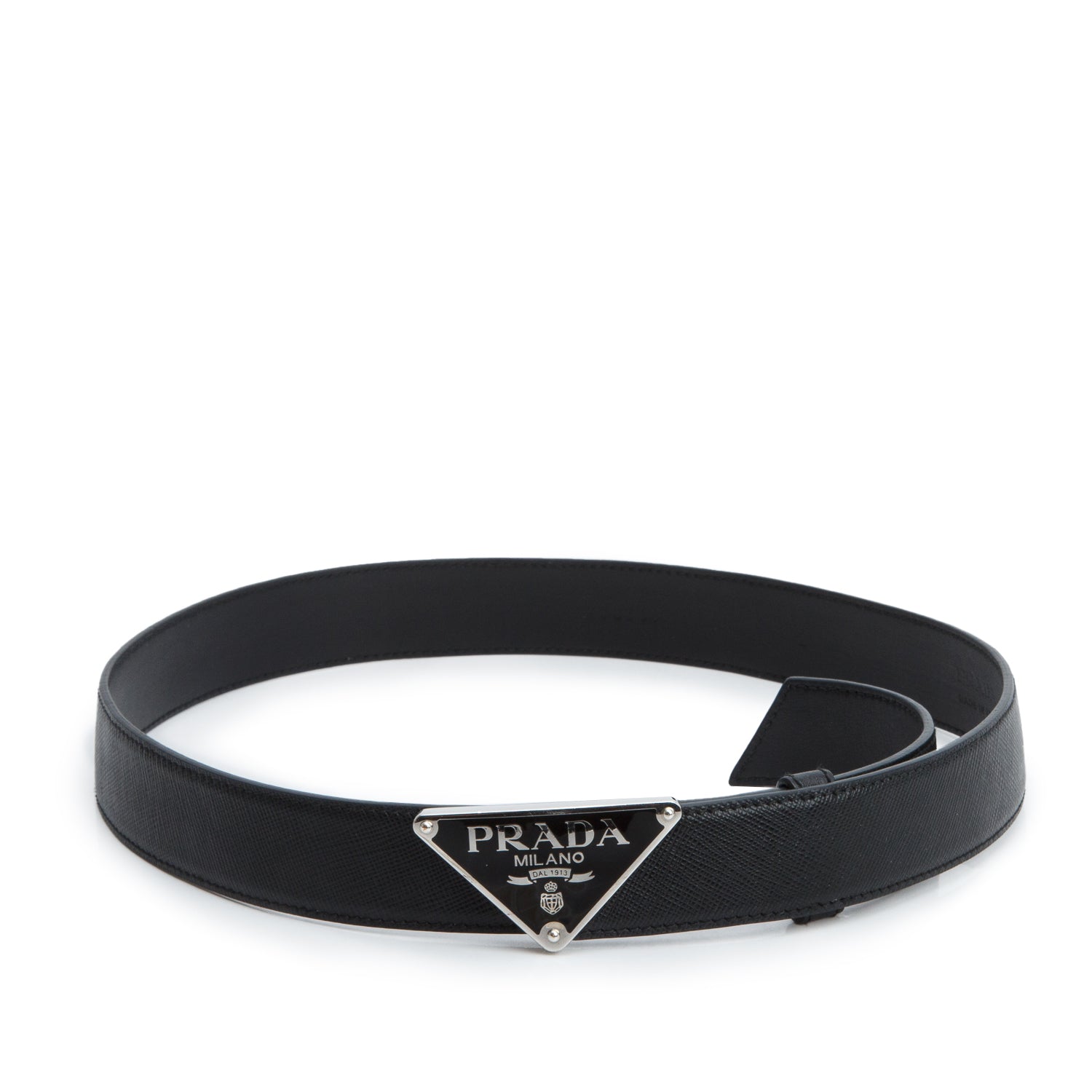 Prada Black Saffiano Cuir Enamel Triangle Logo Buckle Belt 75 30