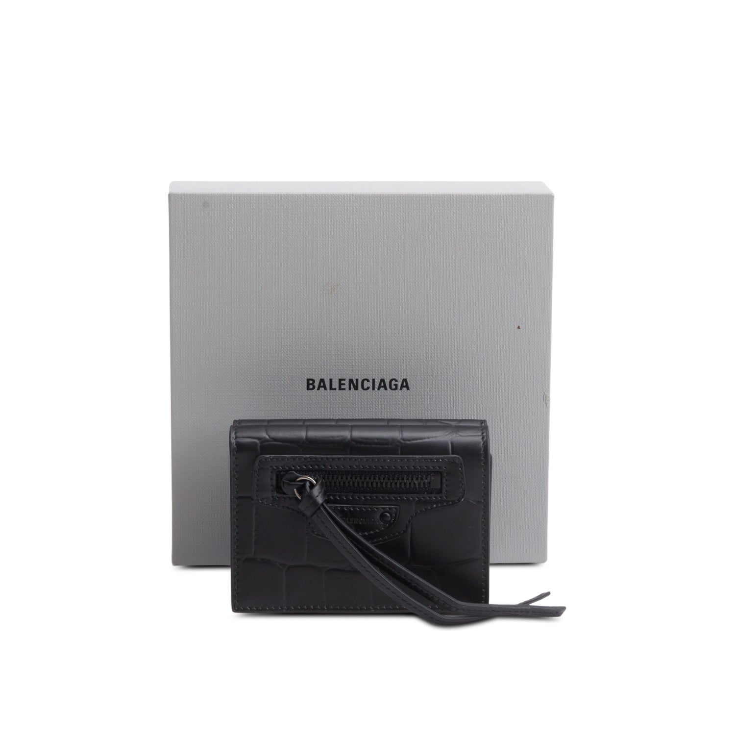 Balenciaga Black Croc Embossed Leather Mini Neo Classic City Wallet w/ Box