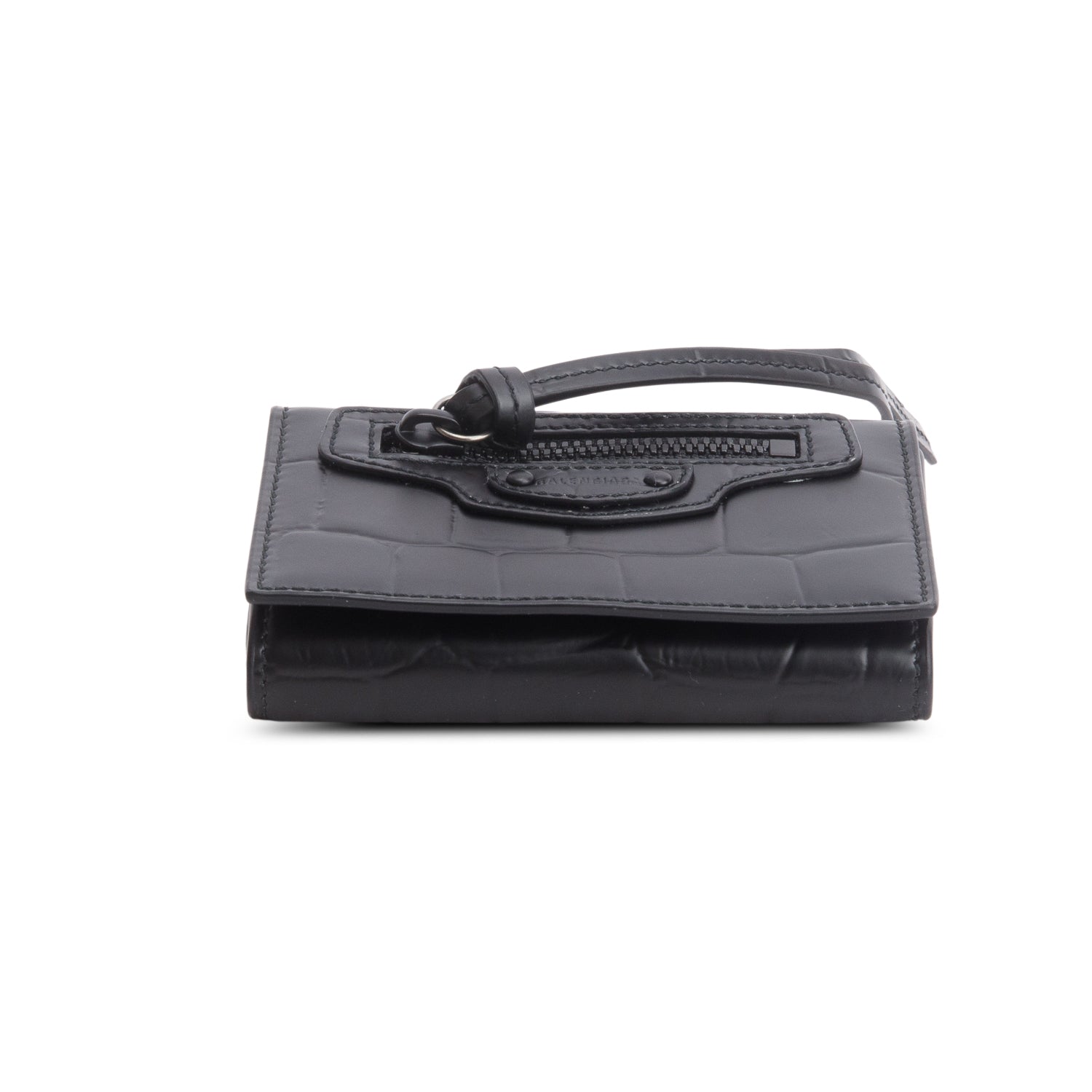 Balenciaga Black Croc Embossed Leather Mini Neo Classic City Wallet w/ Box