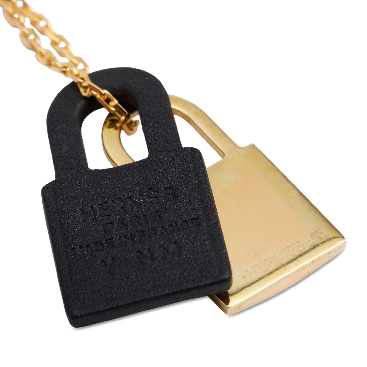 Hermes Gold-Plated Black Swift Leather O'Kelly Pendant Necklace