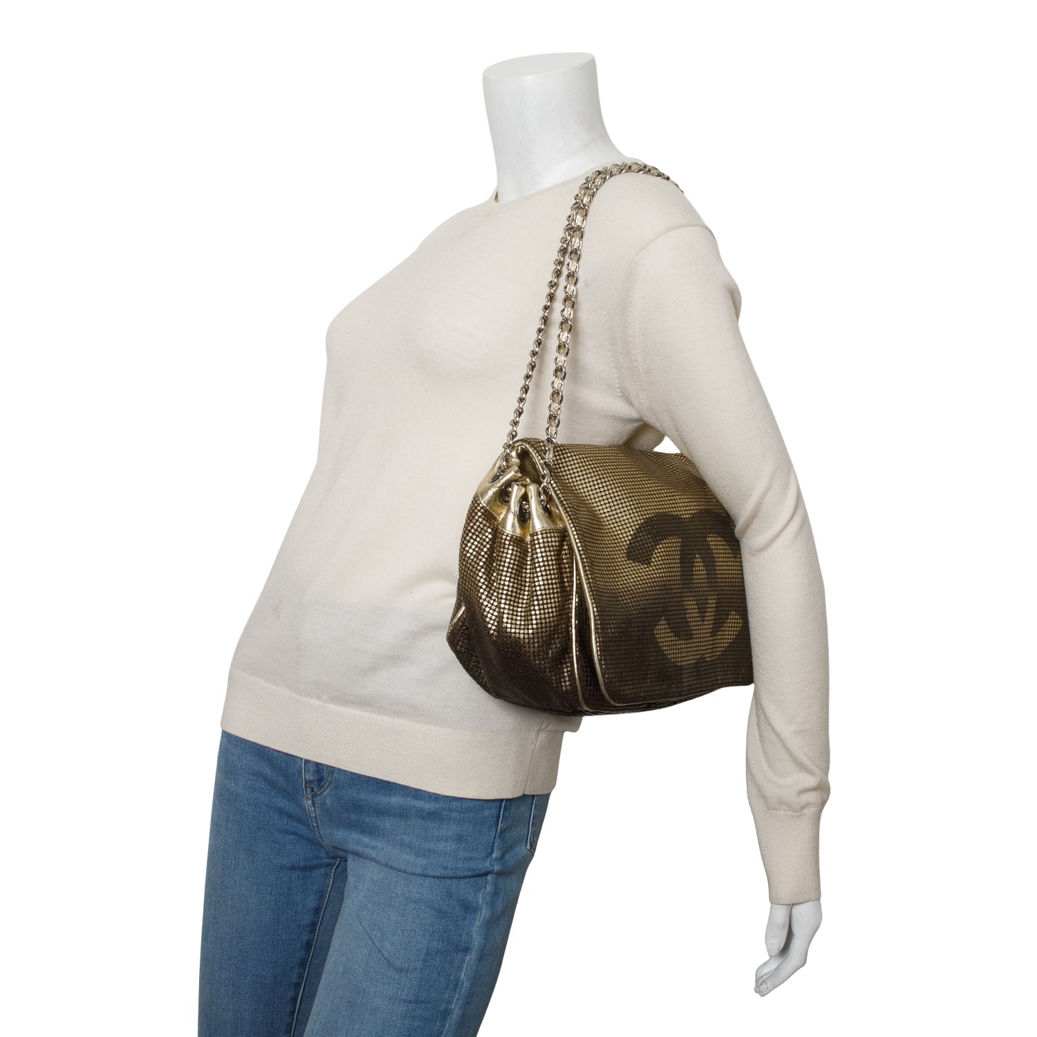 Chanel Gold Metallic Perforated Lambskin Hollywood Accordion Flap Bag w/ Authenticity Card