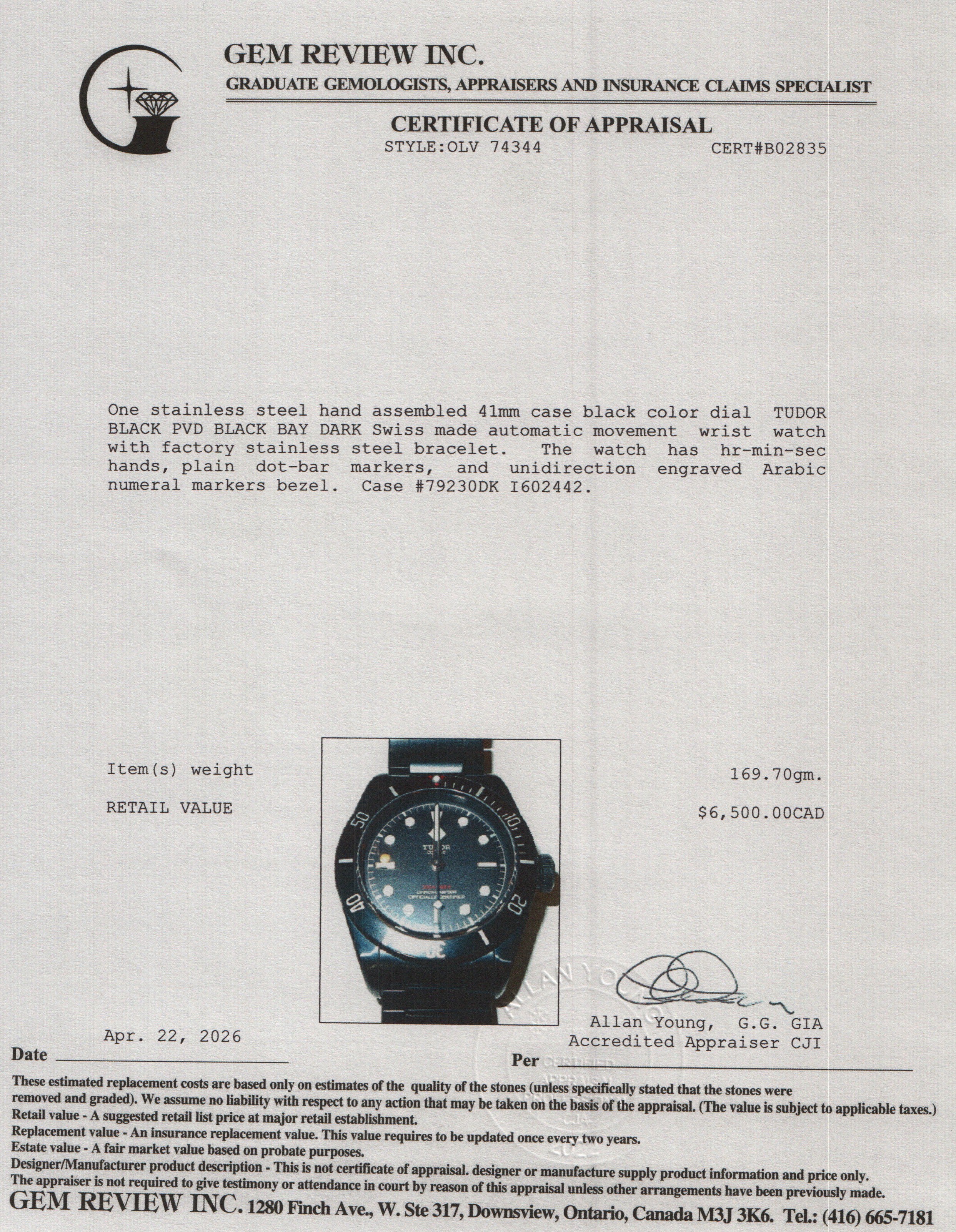 Tudor Black PVD Stainless Steel Black Bay Dark 41 MM Automatic Watch 79230DK w/ Box, Papers & Extra Strap