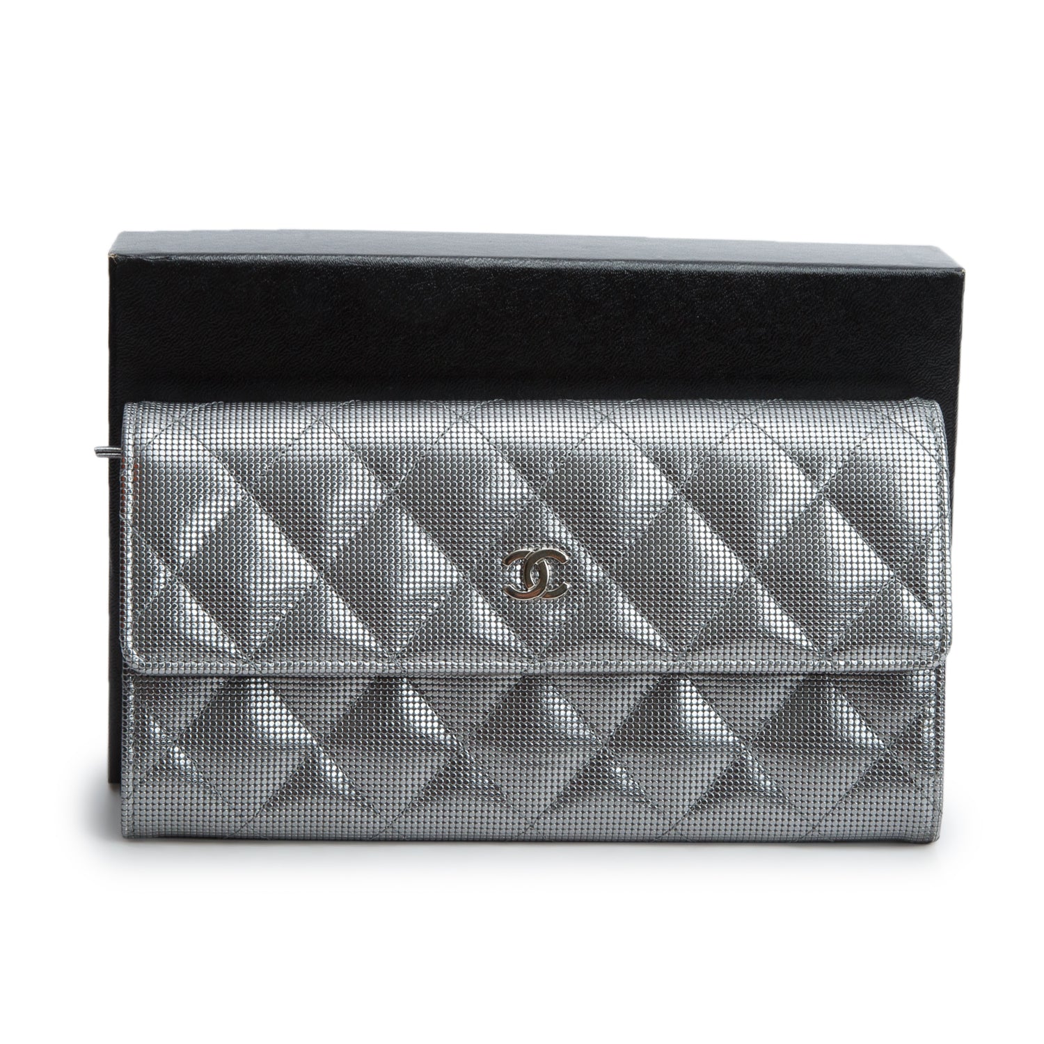 Chanel Silver Metallic Calfskin Quilted Pixel Effect Large Flap Wallet w/ Box & Authenticity Card