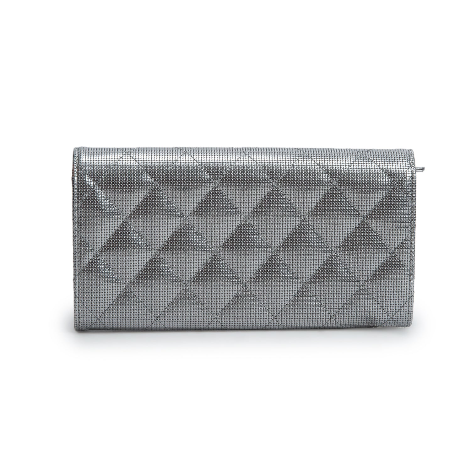 Chanel Silver Metallic Calfskin Quilted Pixel Effect Large Flap Wallet w/ Box & Authenticity Card
