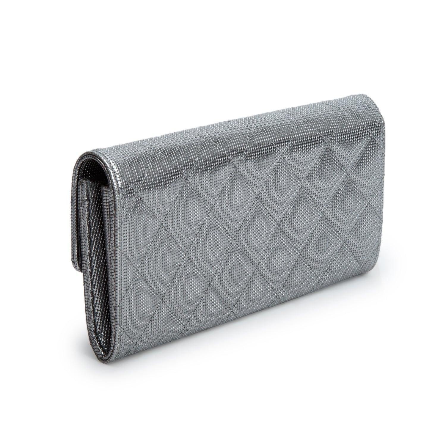 Chanel Silver Metallic Calfskin Quilted Pixel Effect Large Flap Wallet w/ Box & Authenticity Card