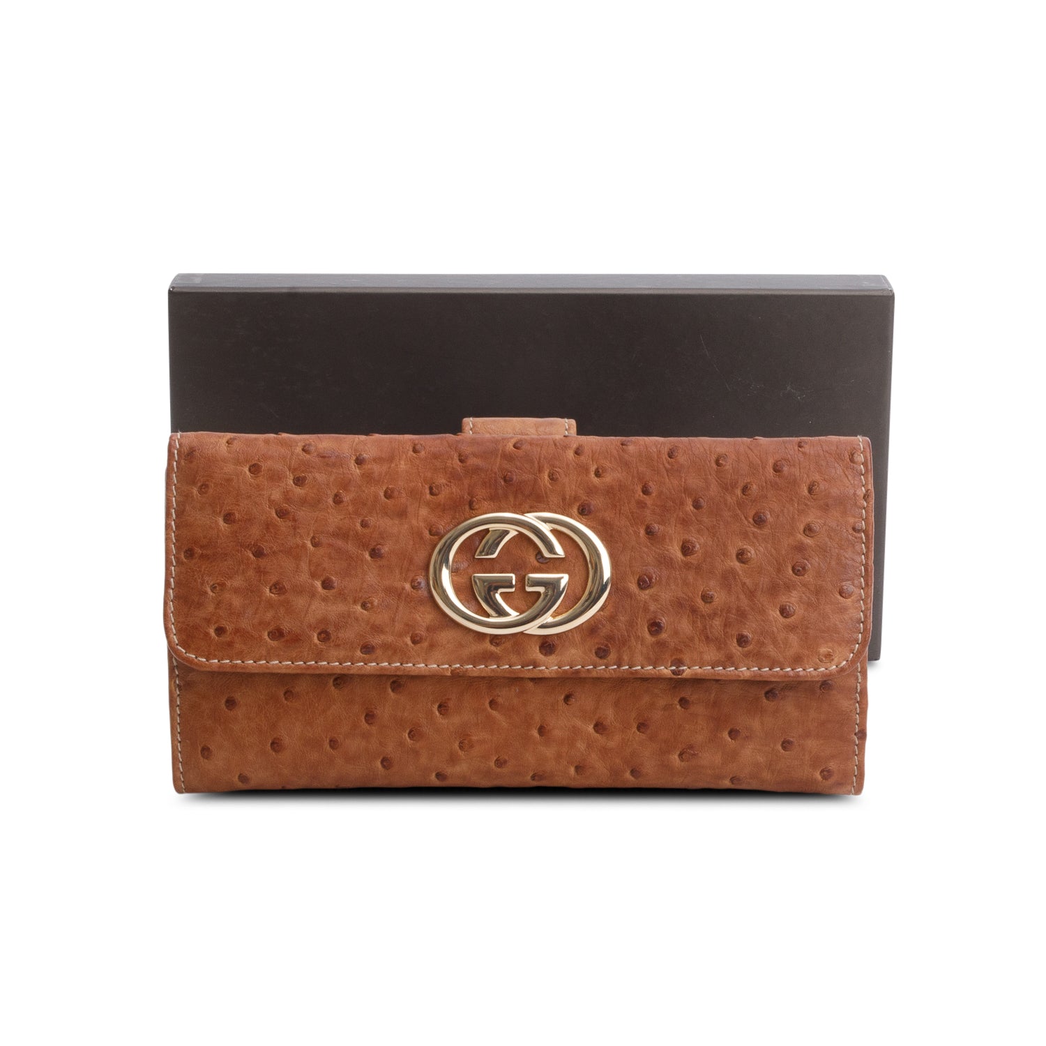 Gucci Brown Ostrich Interlocking G Britt Continental Wallet w/ Box