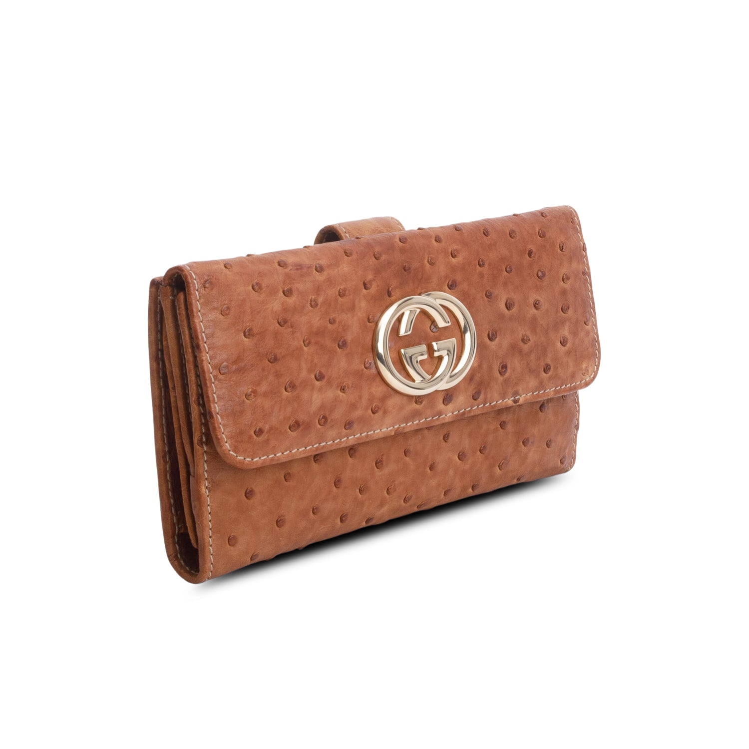 Gucci Brown Ostrich Interlocking G Britt Continental Wallet w/ Box