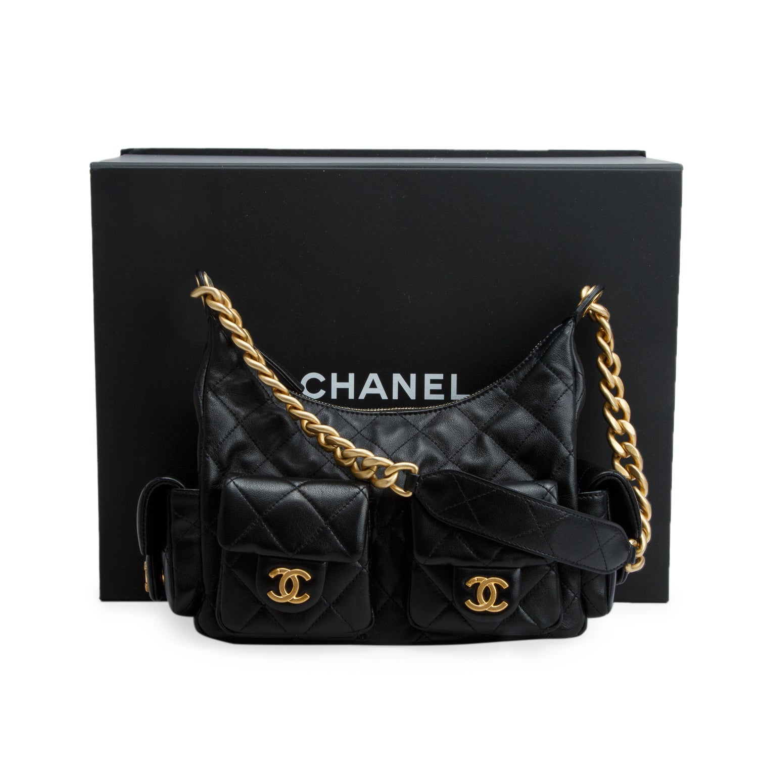 Chanel 2025 Black Shiny Lambskin Quilted Trendy Pockets Hobo w/ Box & Receipt