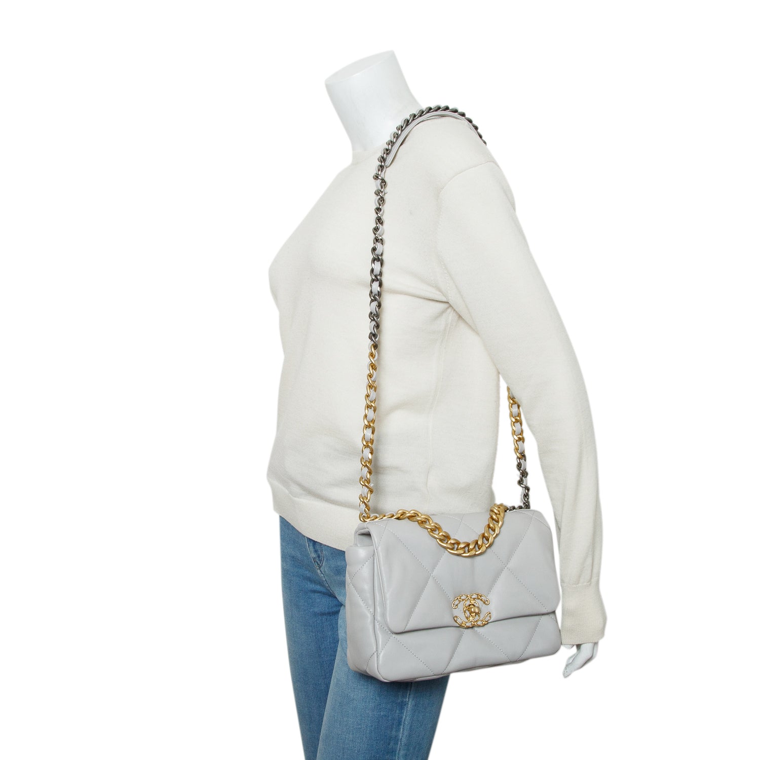 Chanel Grey Lambskin Leather Medium 19 Flap Bag w/ Box