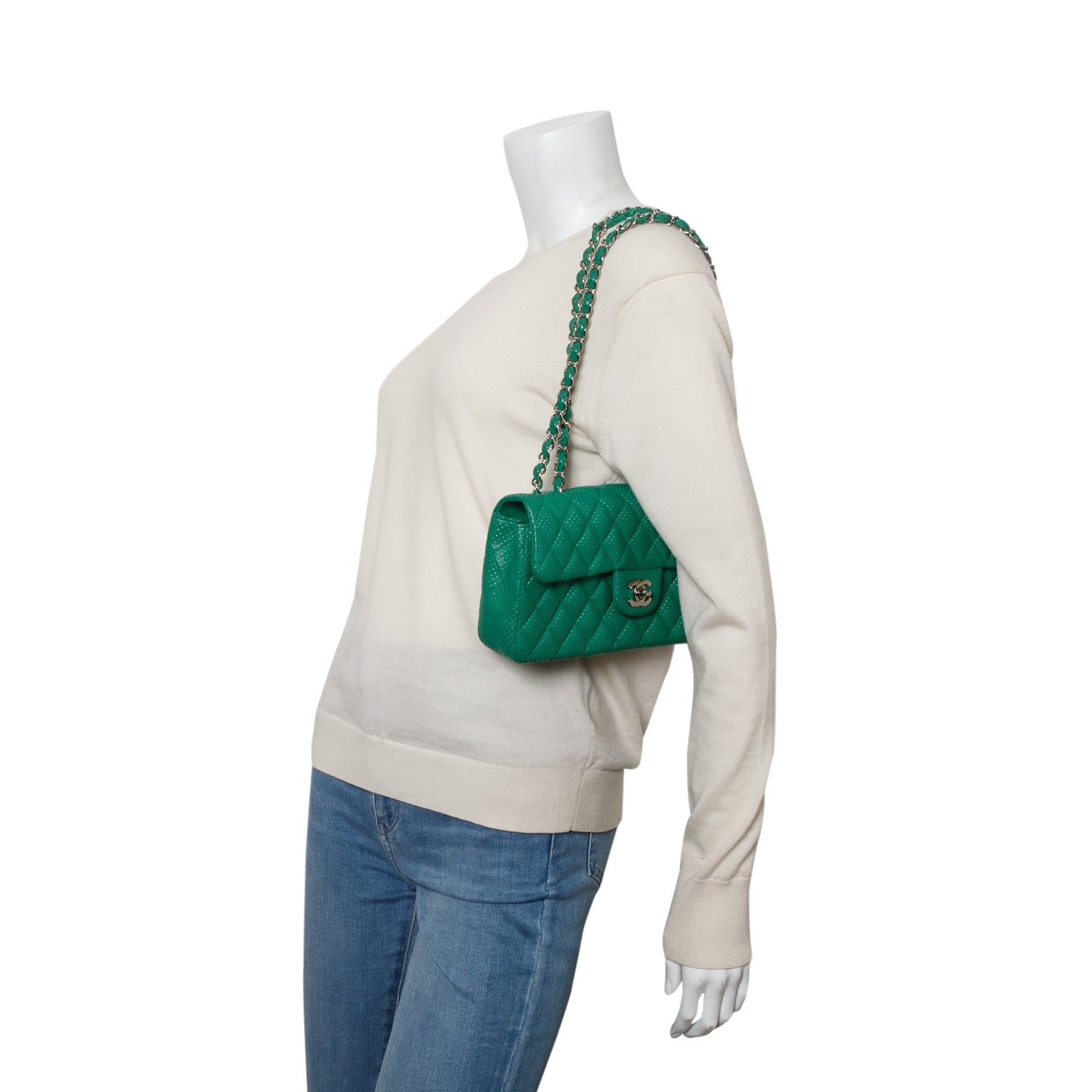 Chanel Green Lambskin Perforated East West Flap Bag w/ Box