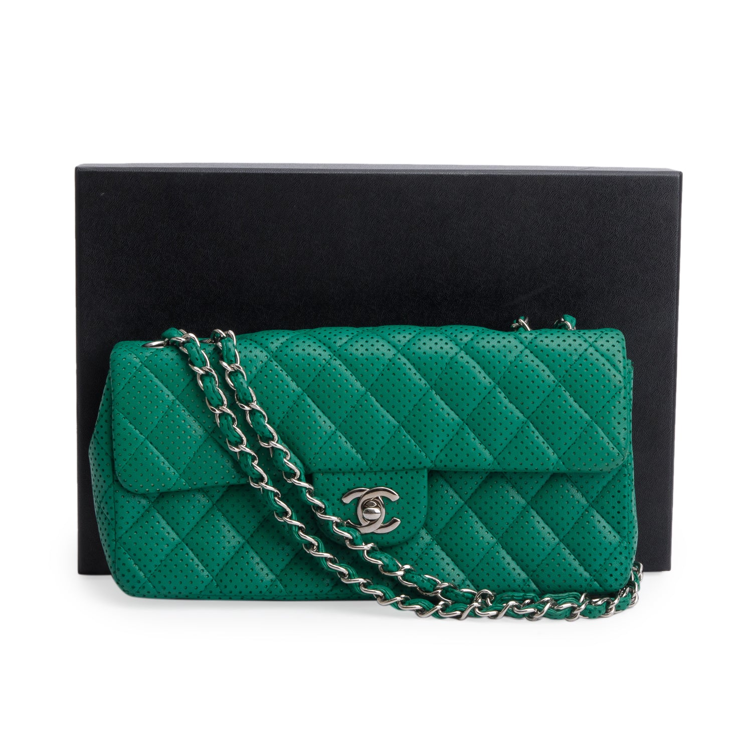 Chanel Green Lambskin Perforated East West Flap Bag w/ Box