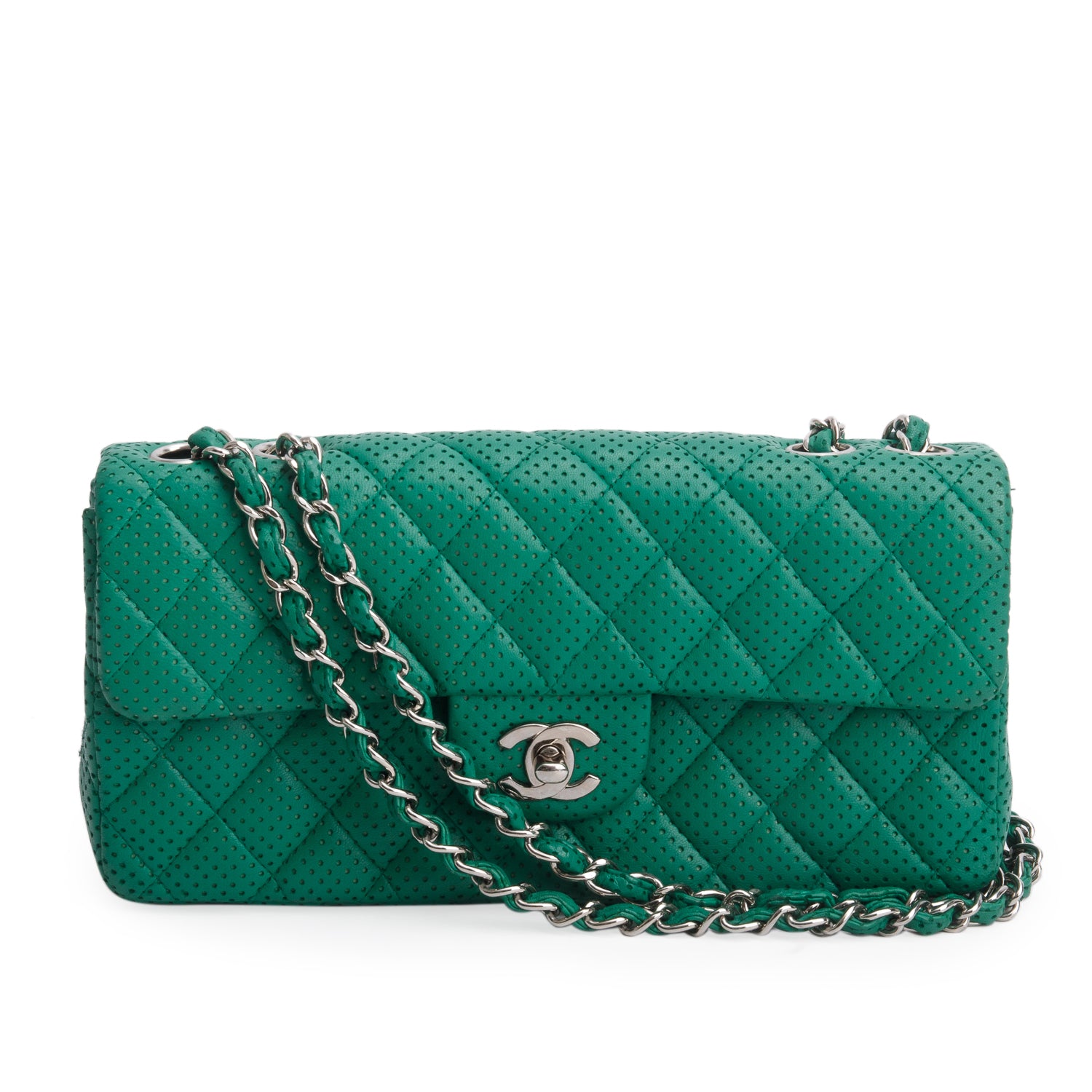 Chanel Green Lambskin Perforated East West Flap Bag w/ Box