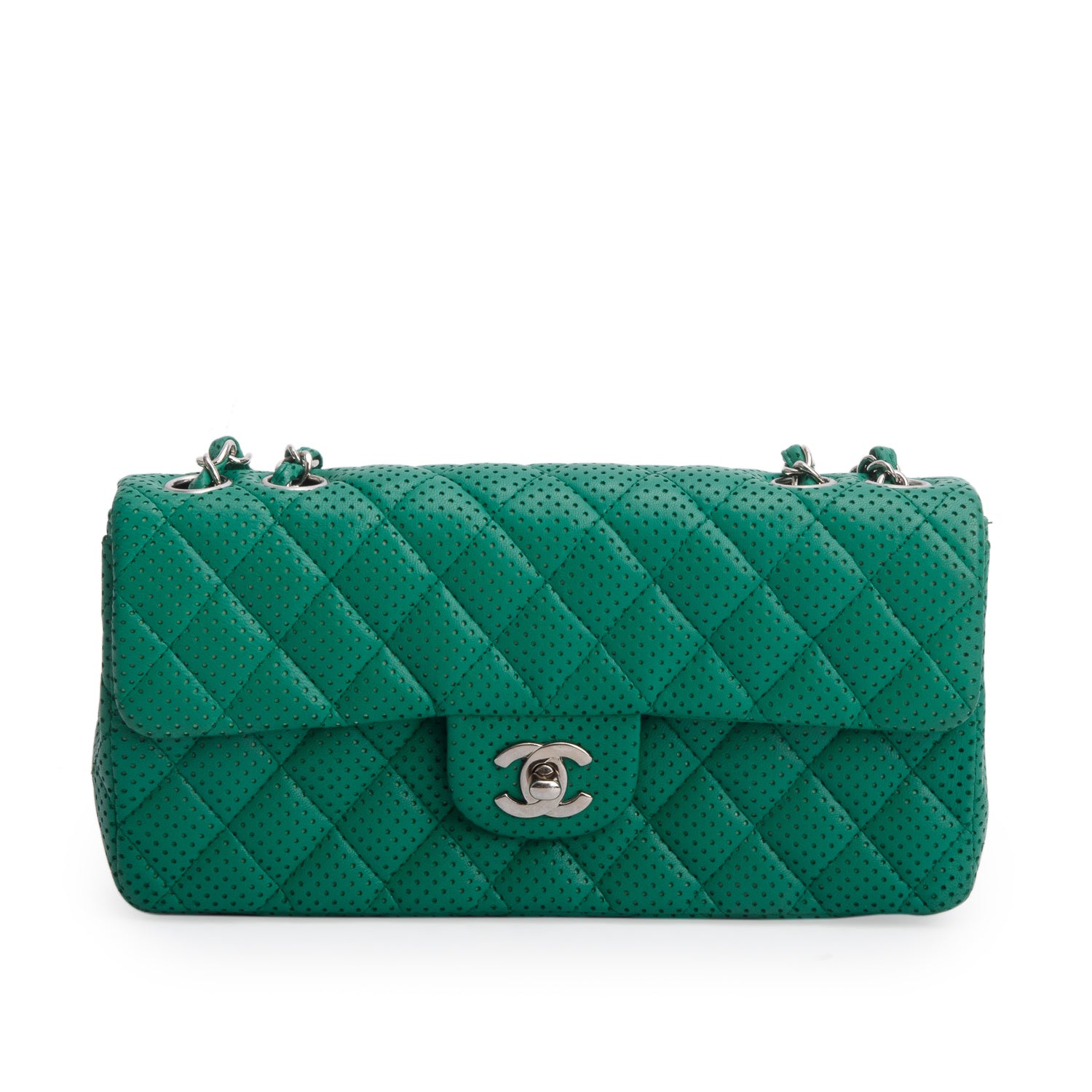 Chanel Green Lambskin Perforated East West Flap Bag w/ Box