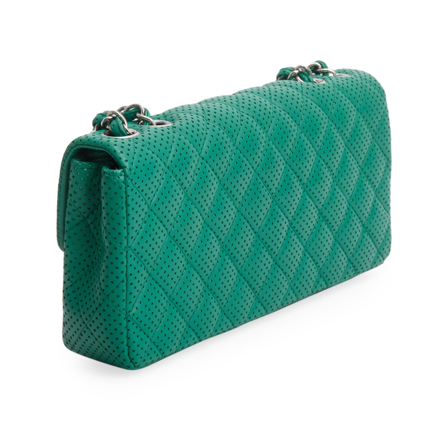 Chanel Green Lambskin Perforated East West Flap Bag w/ Box