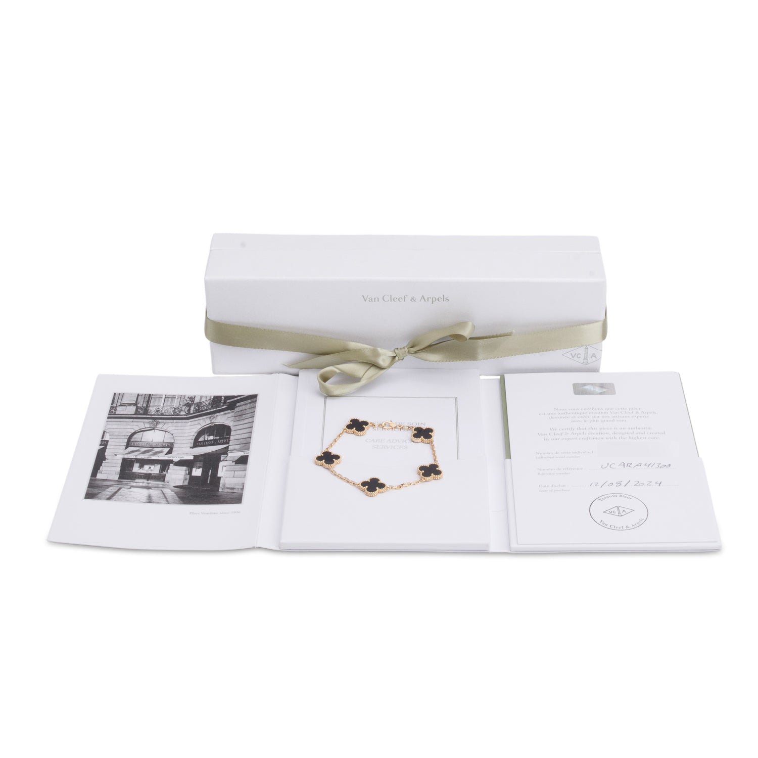 Van Cleef & Arpels 2024 18k Yellow Gold Vintage Alhambra 5 Motif Onyx Bracelet w/ Box & Certificate