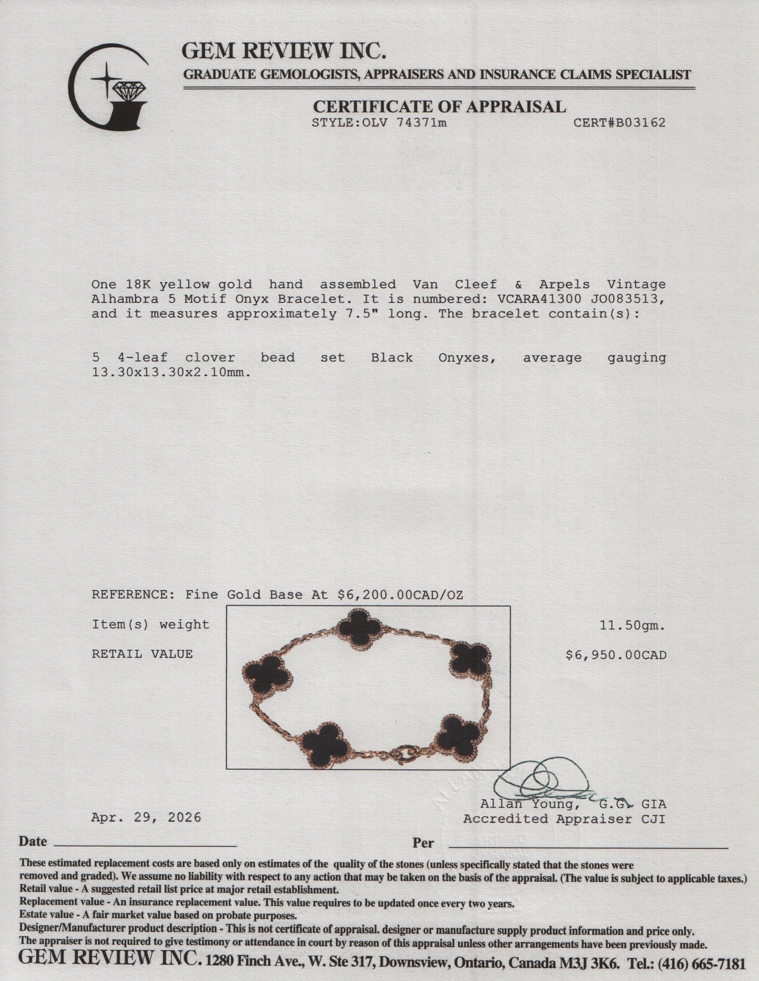 Van Cleef & Arpels 2024 18k Yellow Gold Vintage Alhambra 5 Motif Onyx Bracelet w/ Box & Certificate