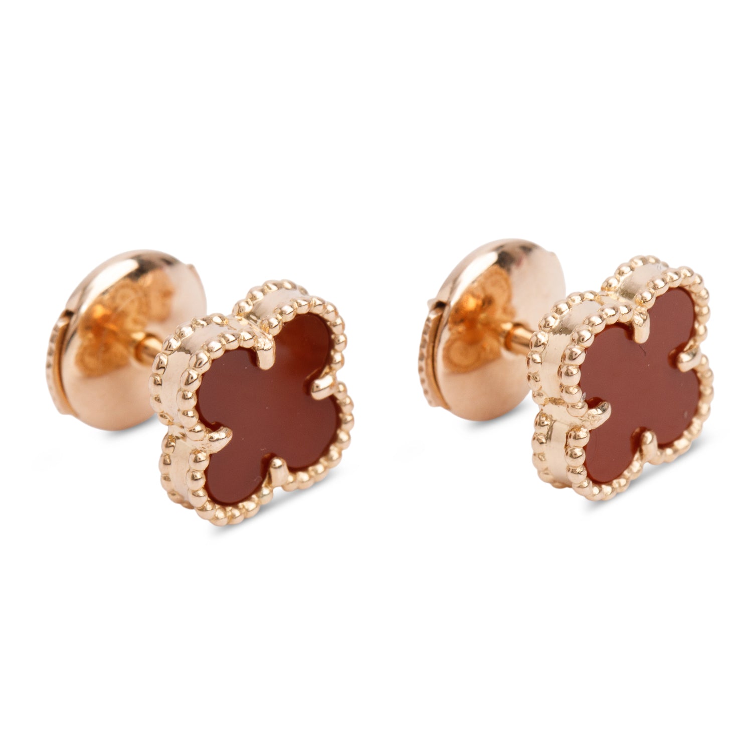 Van Cleef & Arpels 2021 18k Yellow Gold Sweet Alhambra Carnelian Stud Earrings w/ Box & Cerificate