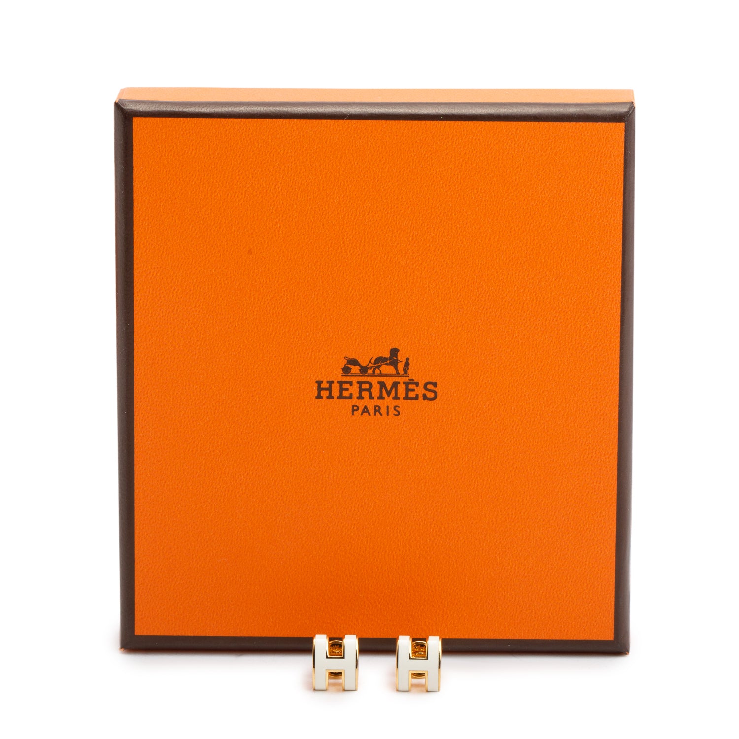 Hermes 2025 Gold Plated White Lacquered Mini Pop H Earrings w/ Box & Receipt