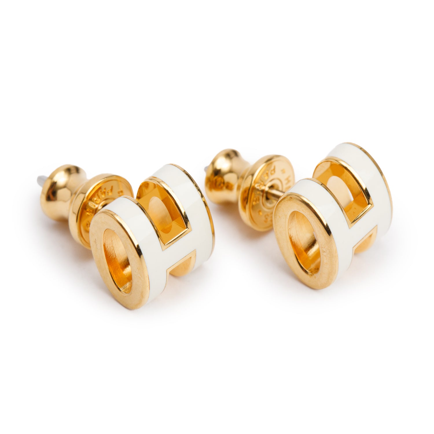 Hermes 2025 Gold Plated White Lacquered Mini Pop H Earrings w/ Box & Receipt