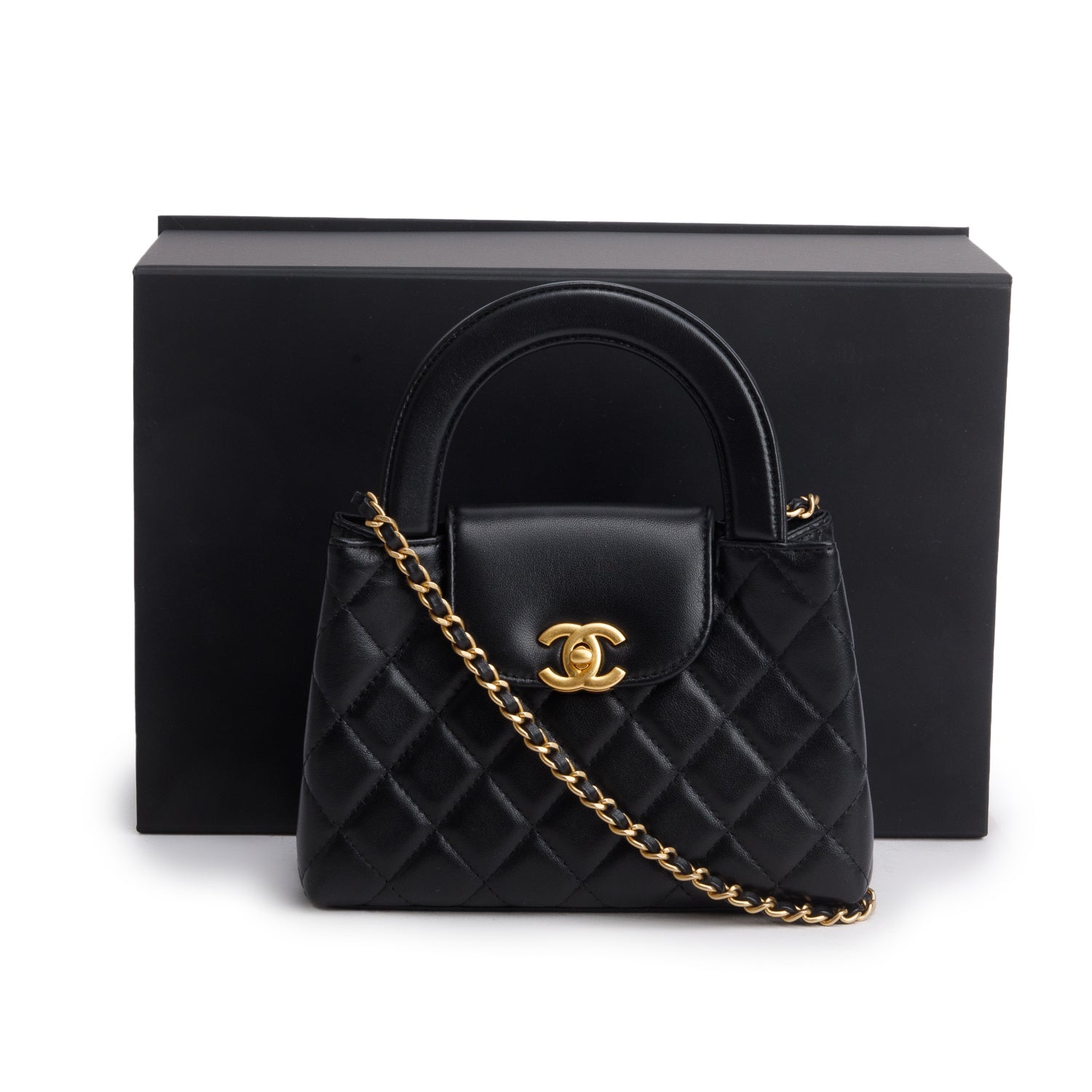 Chanel Black Shiny Aged Calfskin Quilted Nano Kelly Shopper w/ Box