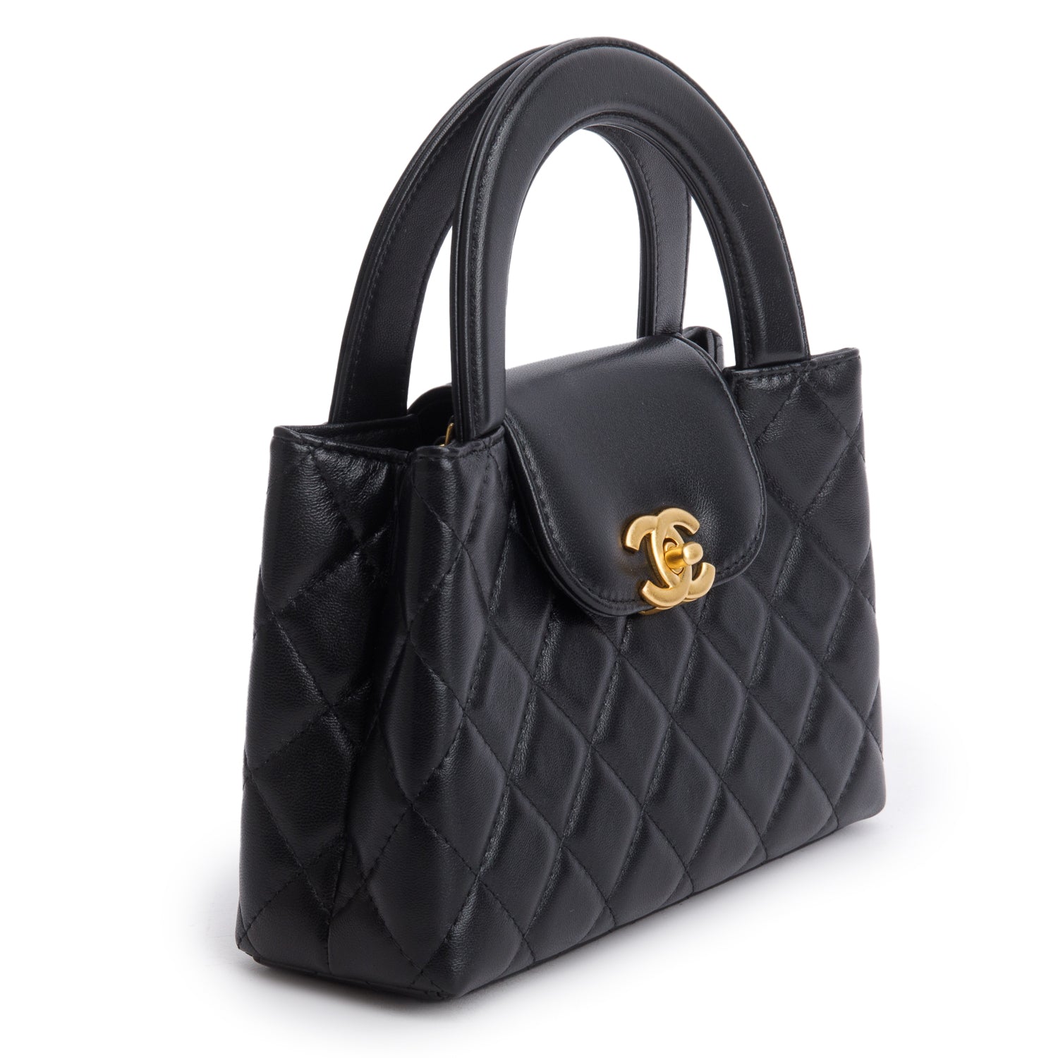 Chanel Black Shiny Aged Calfskin Quilted Nano Kelly Shopper w/ Box