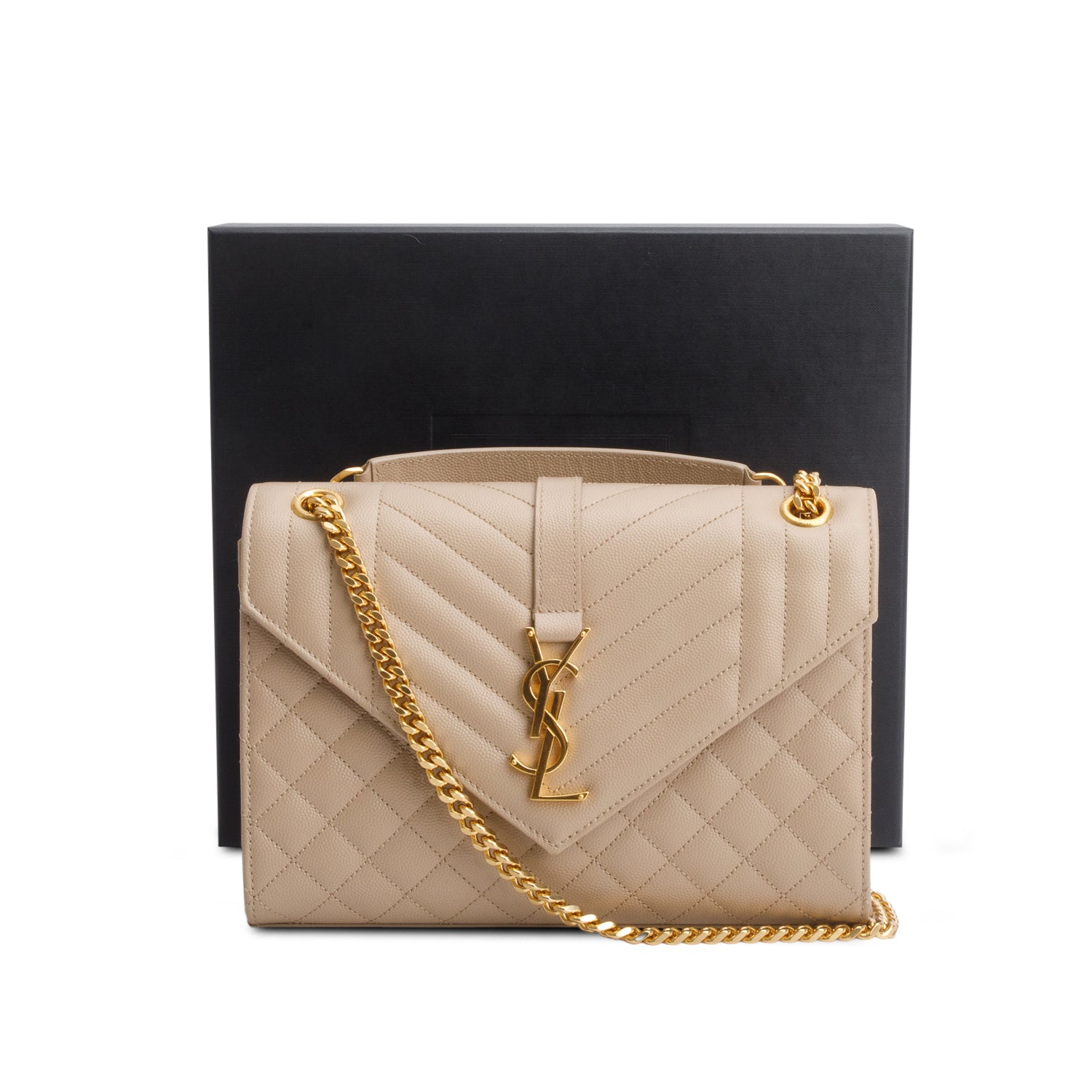 Saint Laurent 2021 Beige Grain De Poudre Matelasse Medium Triquilt Monogram Satchel w Box