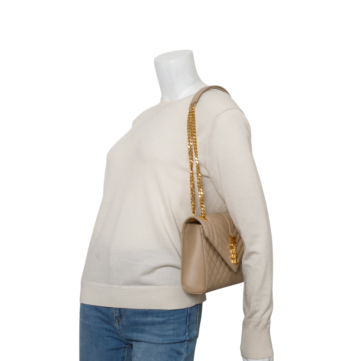 Saint Laurent 2021 Beige Grain De Poudre Matelasse Medium Triquilt Monogram Satchel w Box