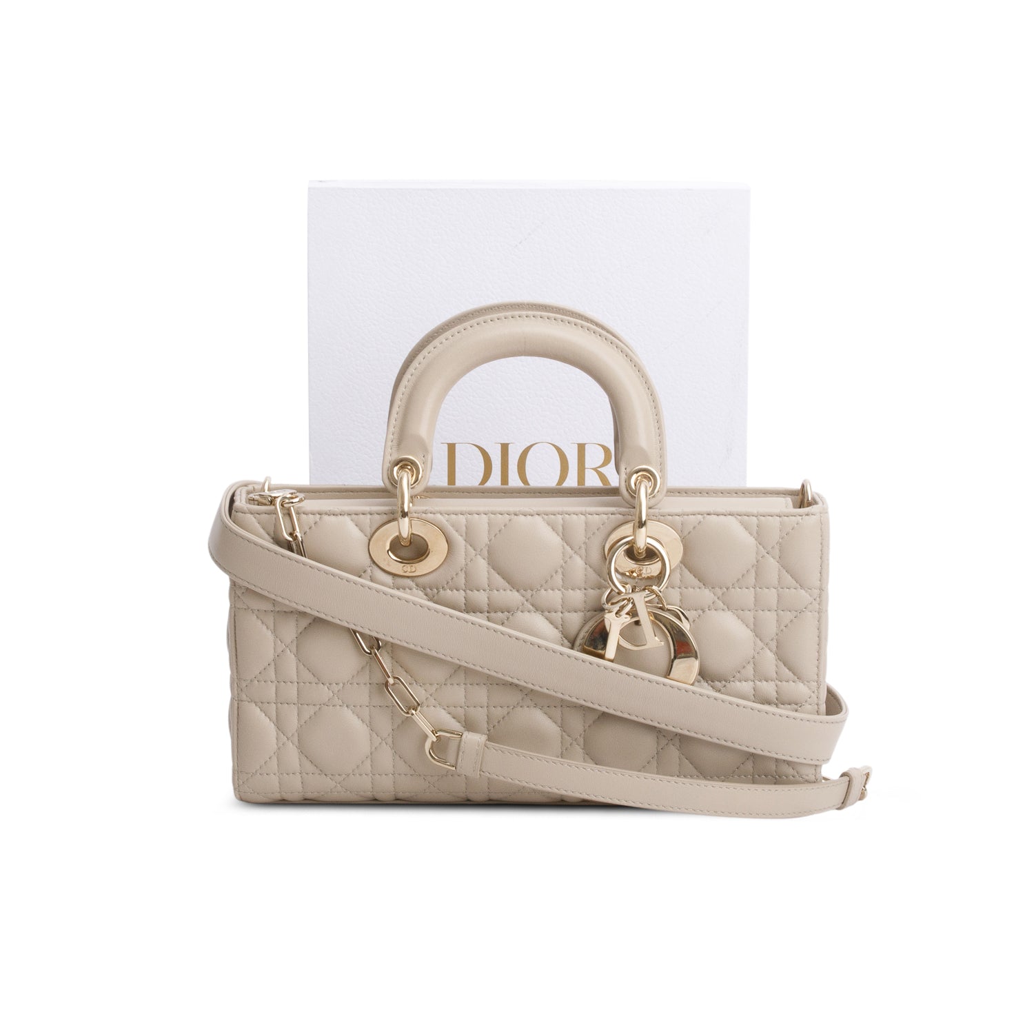 Christian Dior 2023 Beige Lambskin Cannage Medium Lady D-Joy w/ Box & Straps