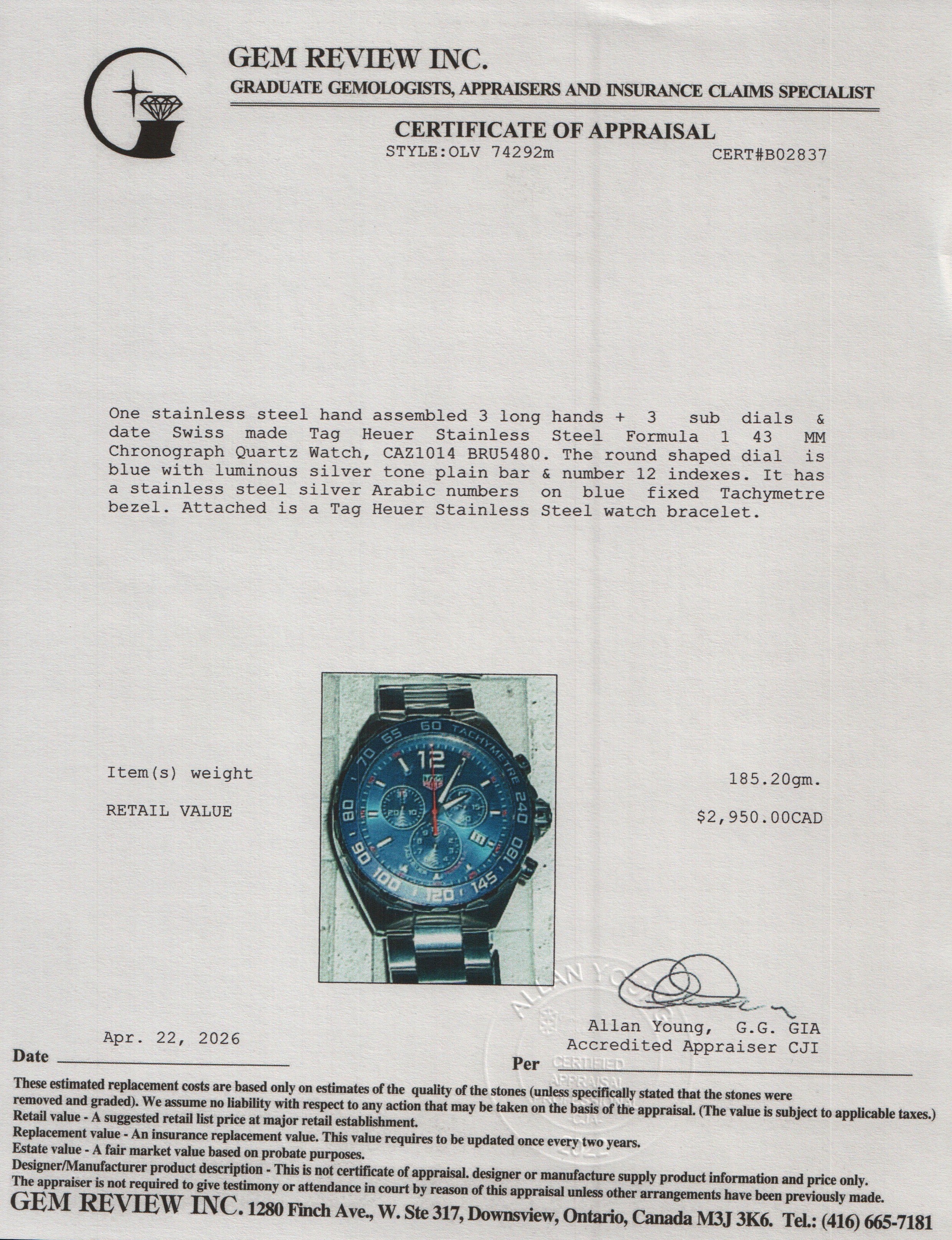 Tag Heuer 2021 Stainless Steel Formula 1 43 MM Chronograph Quartz Watch Blue Dial CAZ1014 w/ Box & Papers