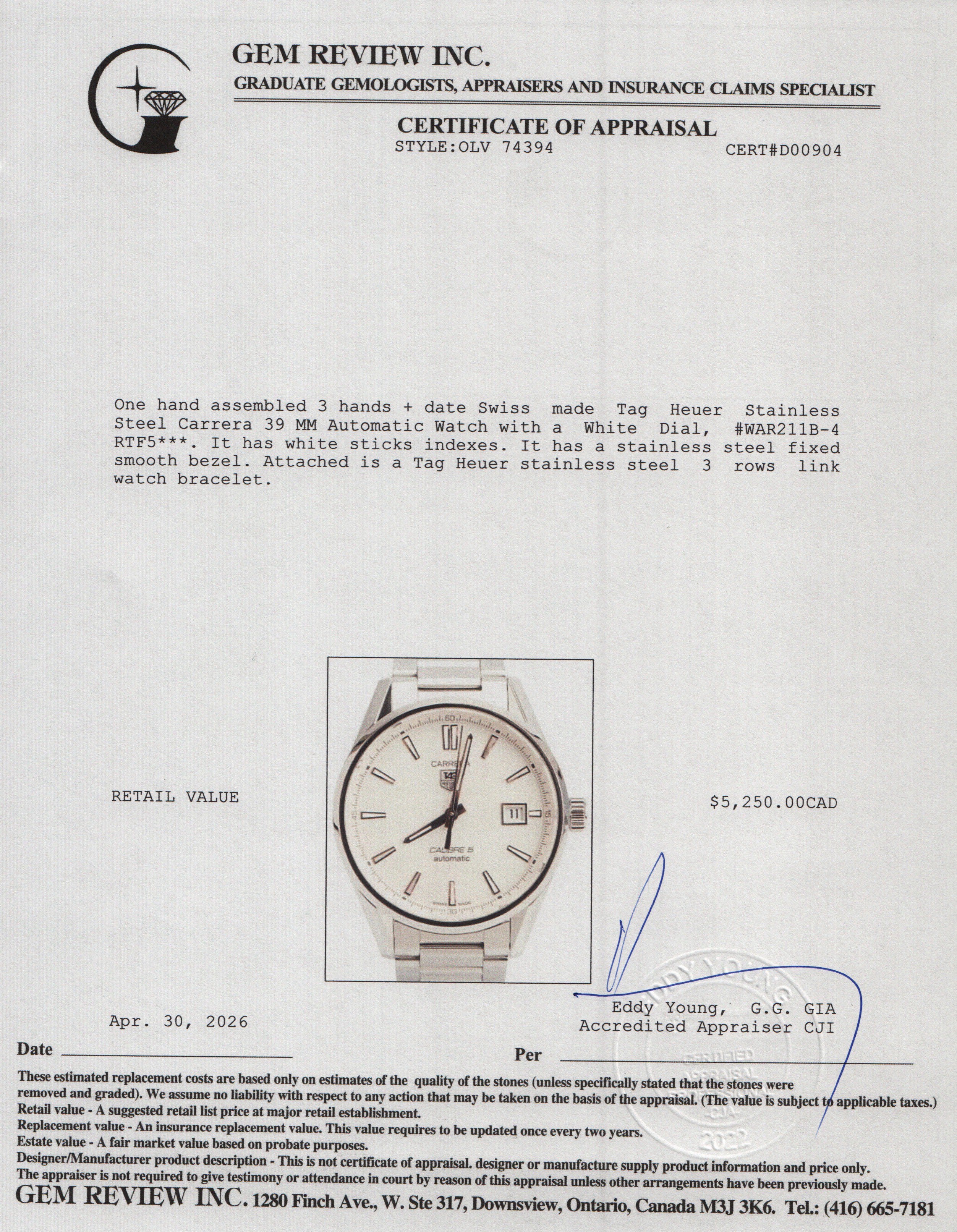 Tag Heuer Stainless Steel Carrera 39 MM Automatic Watch White Dial WAR211B-4 w/ Box