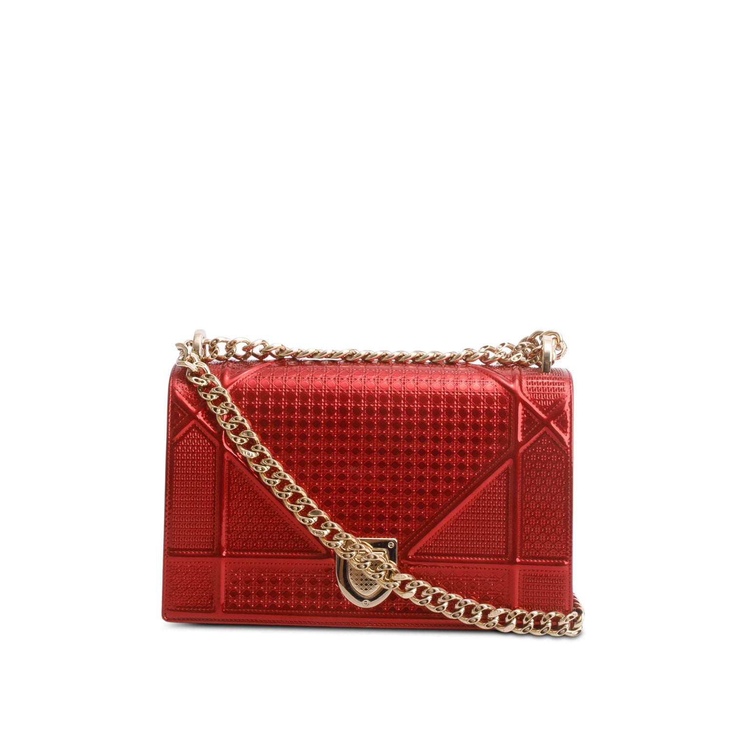 Christian Dior Red Metallic Patent Micro-Cannage Medium Diorama Flap Bag w/ Authenticity Card