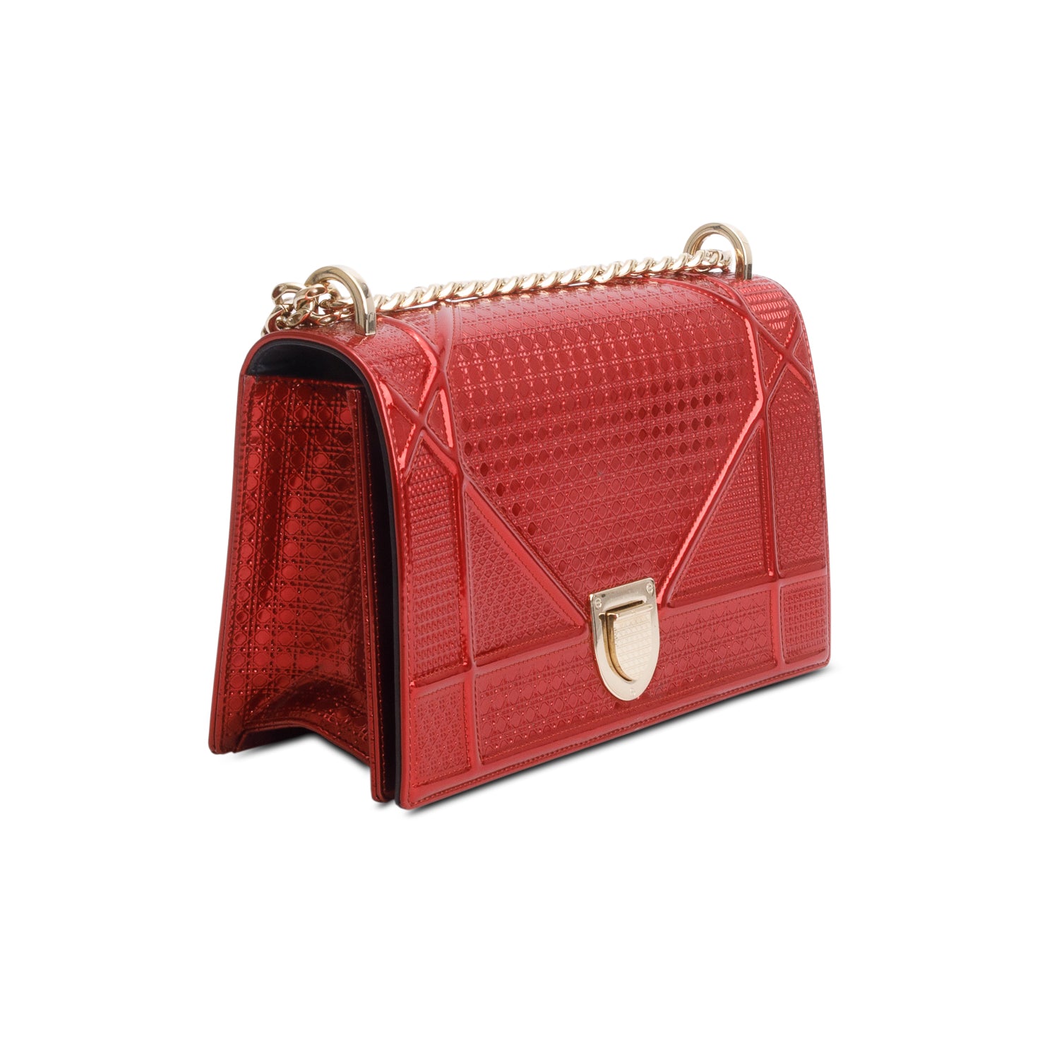 Christian Dior Red Metallic Patent Micro-Cannage Medium Diorama Flap Bag w/ Authenticity Card