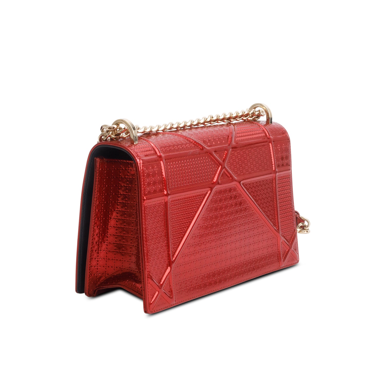 Christian Dior Red Metallic Patent Micro-Cannage Medium Diorama Flap Bag w/ Authenticity Card