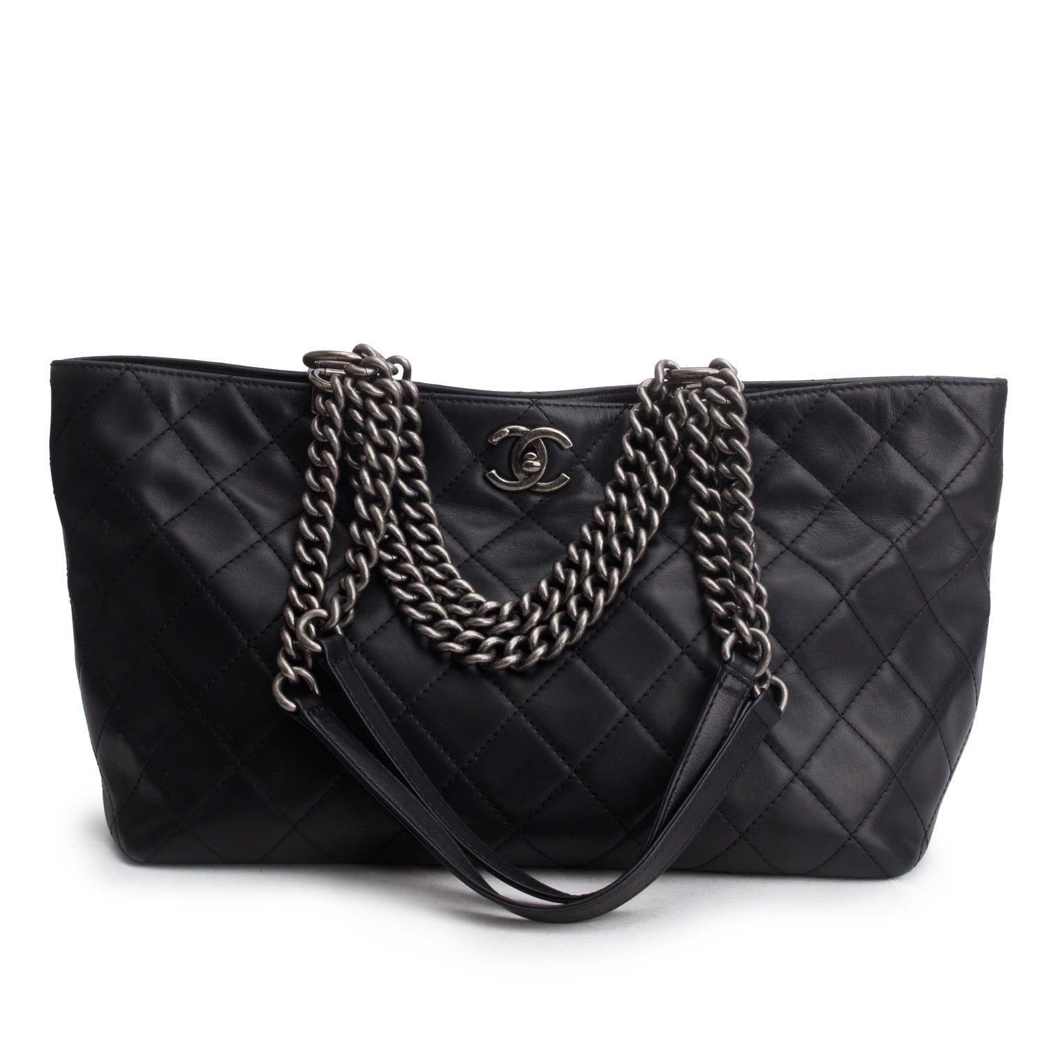 Chanel Black Calfskin Quilted Shopping in Chains Tote