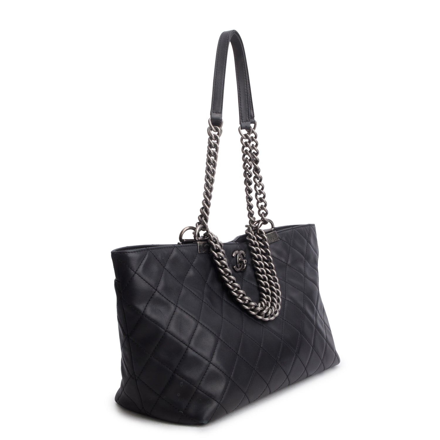 Chanel Black Calfskin Quilted Shopping in Chains Tote