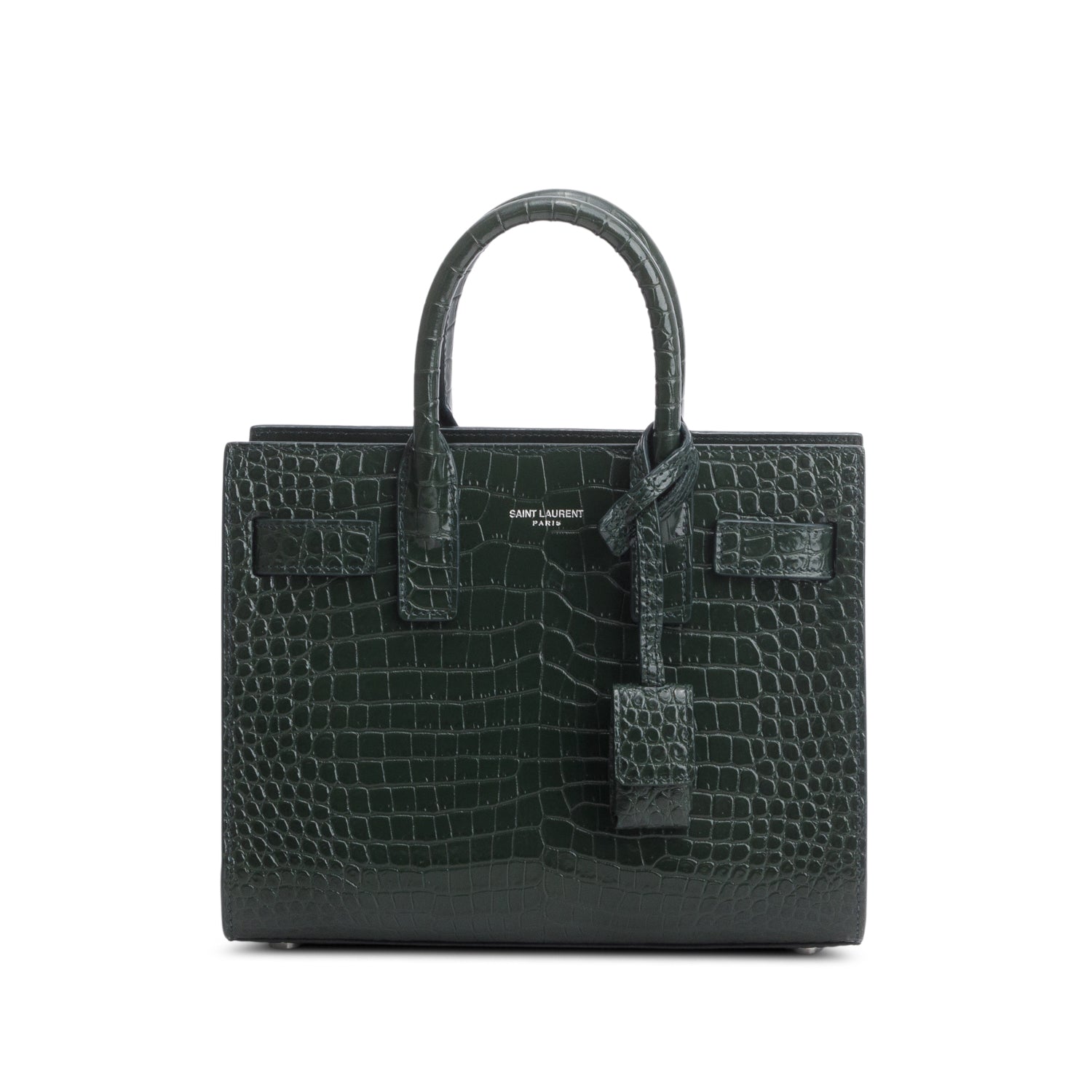 Saint Laurent 2022 Green Crocodile Embossed Leather Nano Sac De Jour w/ Strap
