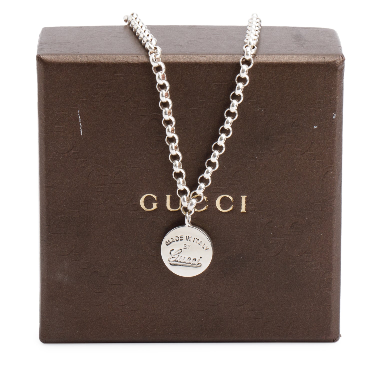 Gucci Sterling Silver Trademark Round Pendant Necklace w/ Box