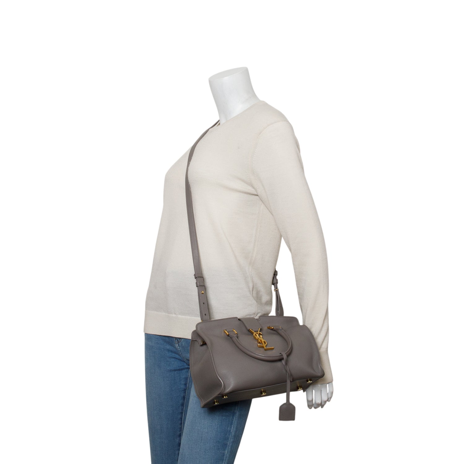 Saint Laurent Grey Calfskin Leather Baby Cabas Tote Bag w/ Strap