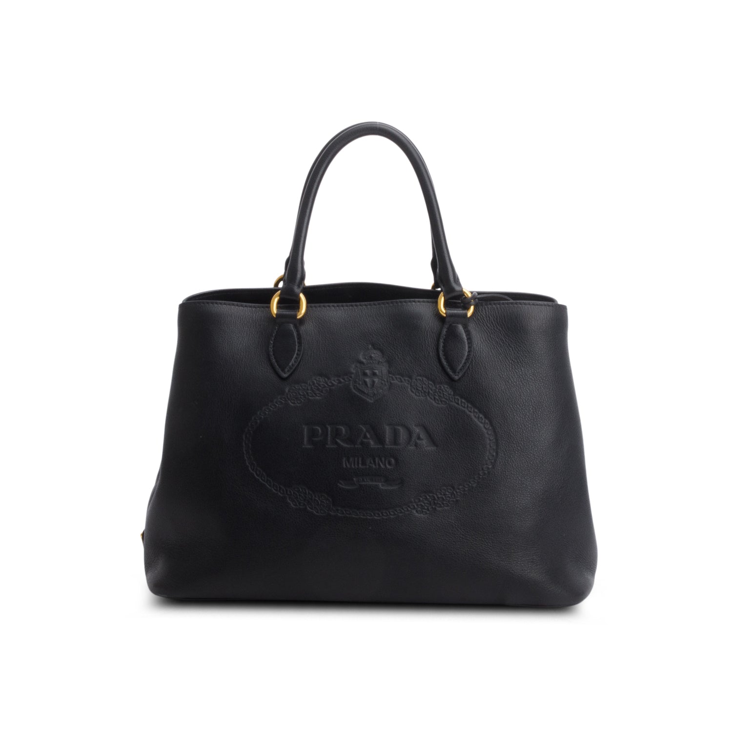 Prada Black Glace Calfskin Embossed Logo Tote w/ Strap