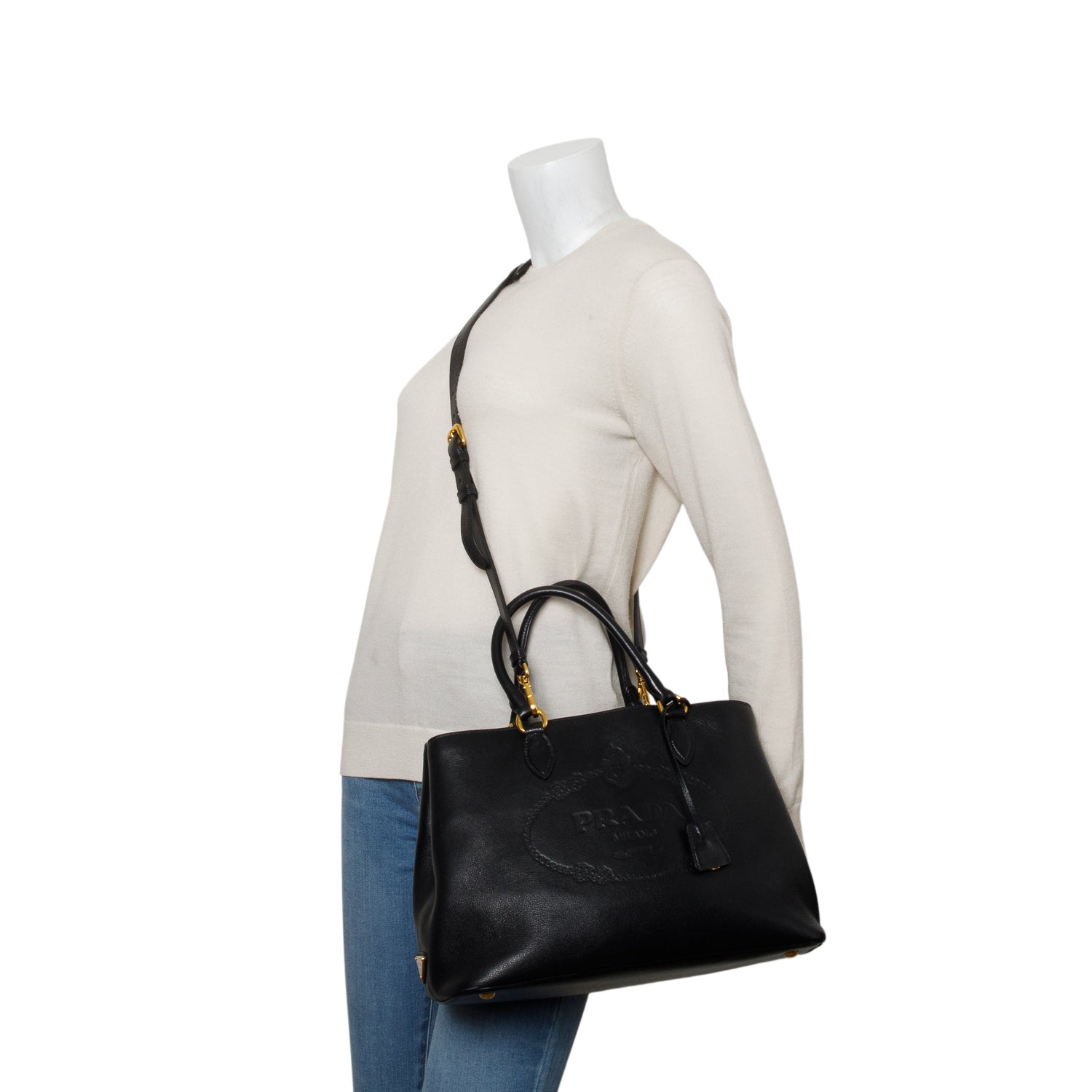 Prada Black Glace Calfskin Embossed Logo Tote w/ Strap