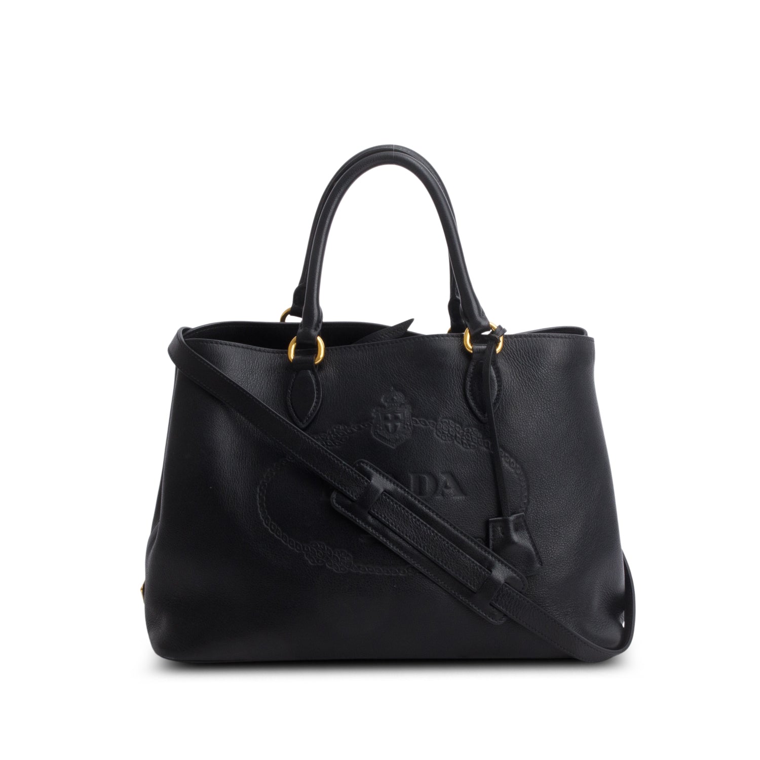 Prada Black Glace Calfskin Embossed Logo Tote w/ Strap
