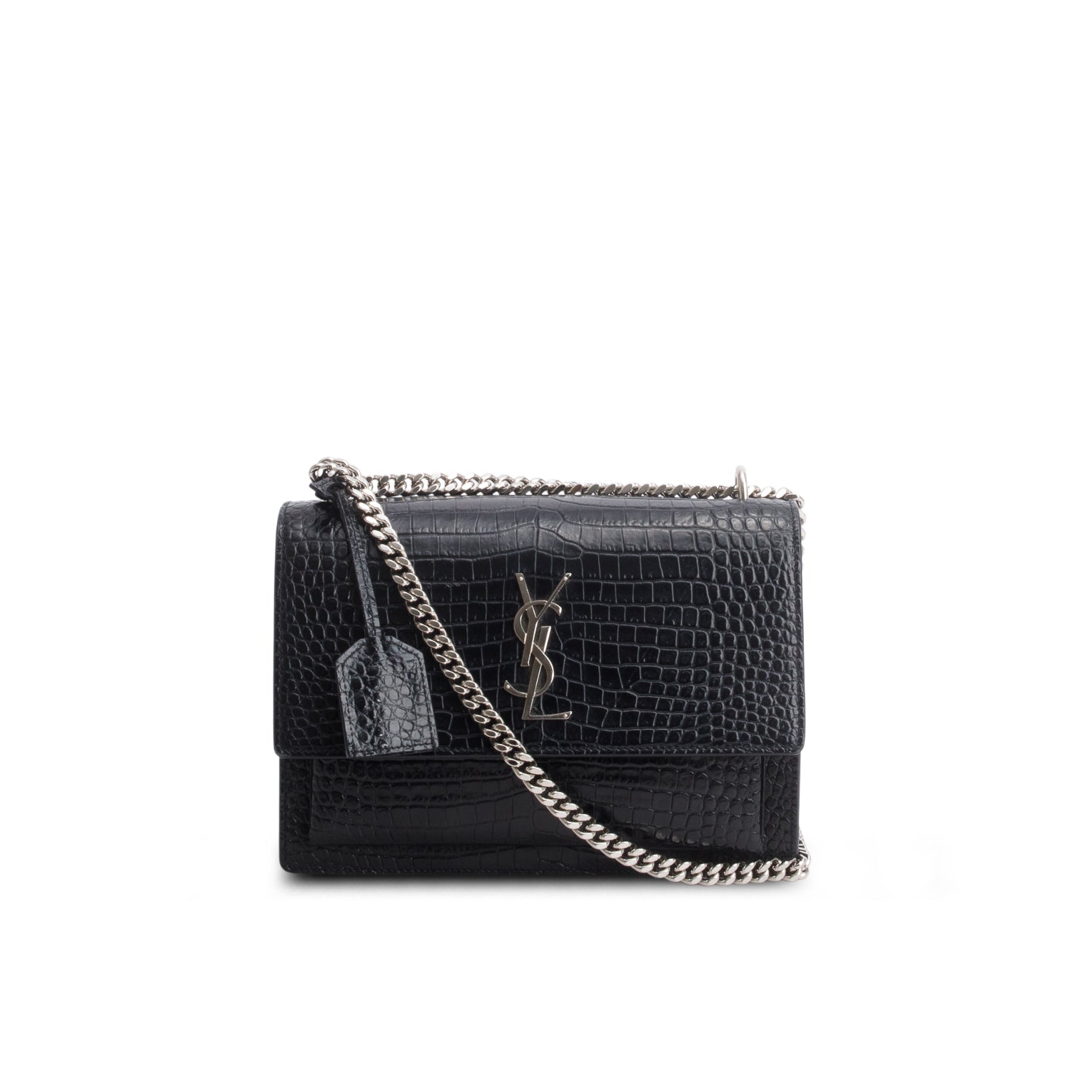 Saint Laurent Black Croc Embossed Calfskin Medium Sunset Bag