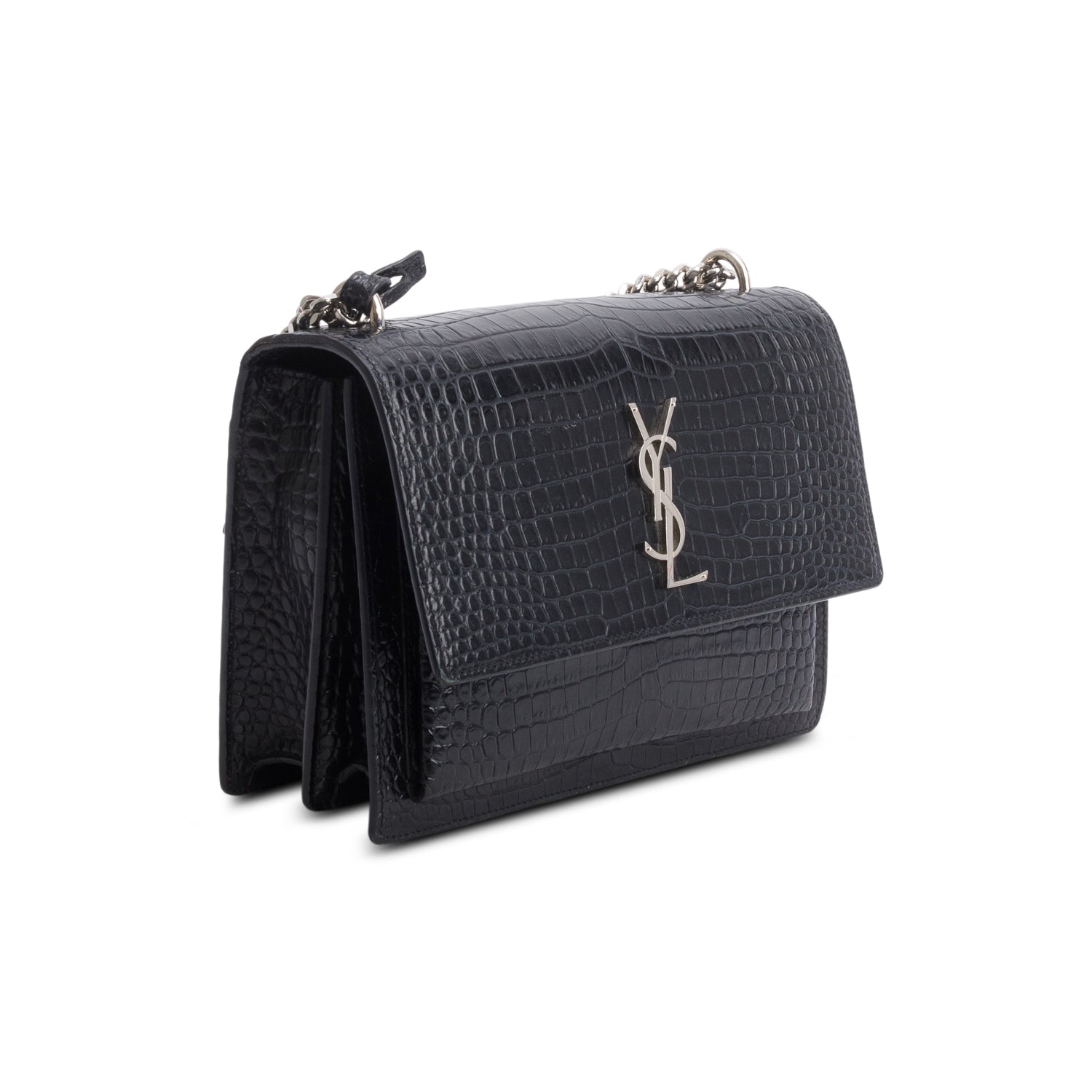 Saint Laurent Black Croc Embossed Calfskin Medium Sunset Bag