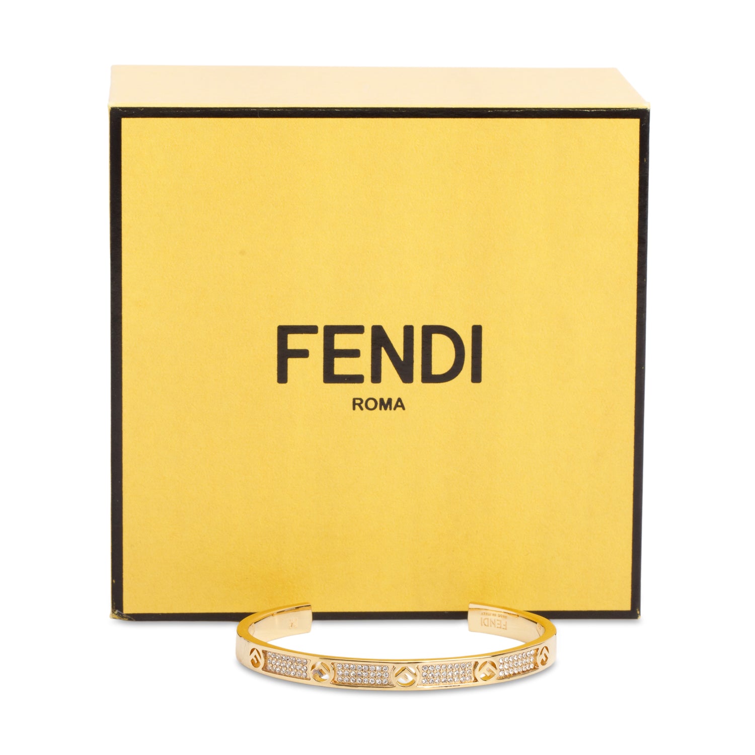 Fendi Gold-Tone Metal Crystal F Is Fendis Cuff Bracelet w/ Box