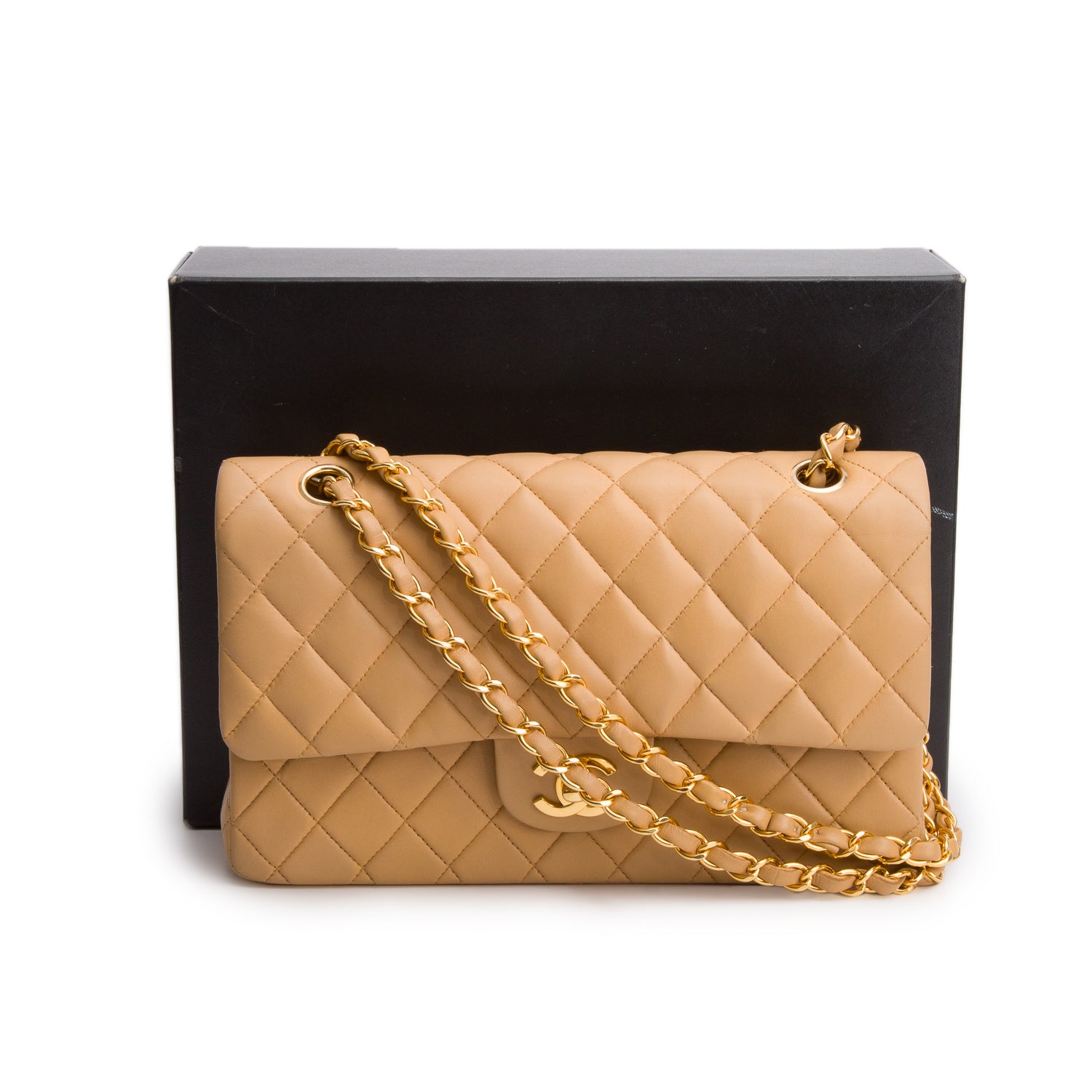 Chanel Beige Lambskin Quilted Medium Double Flap w/ Box & Authenticity Card