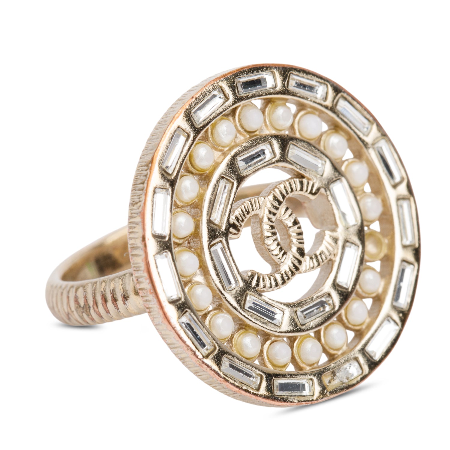 Chanel Gold Plated Faux Pearl & Strass CC Ring, Size 5.75 w/ Box