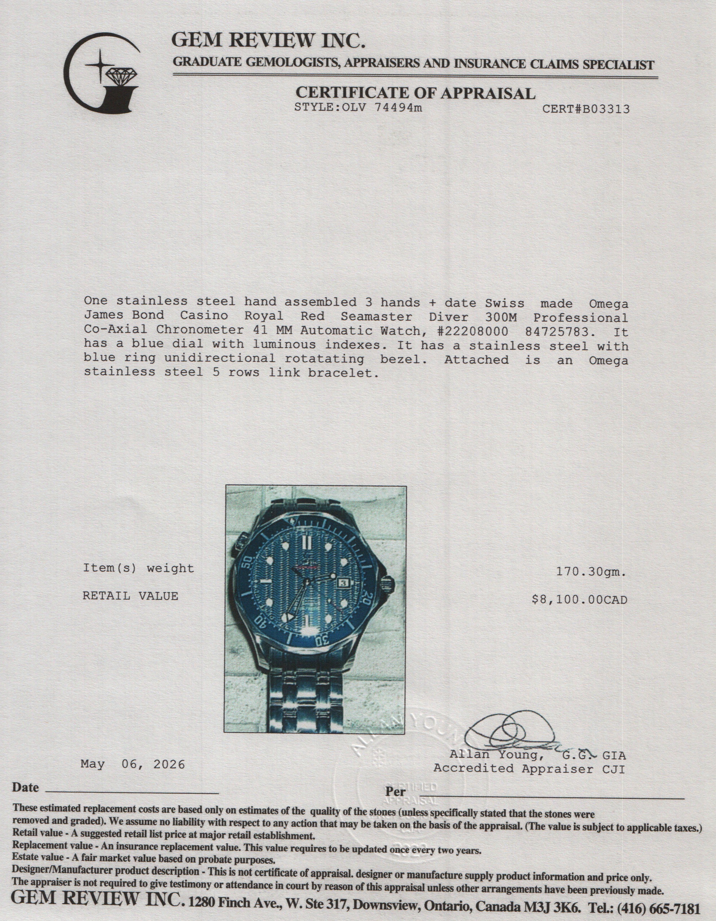 Omega Stainless Steel James Bond Casino Royal Red Seamaster 300M Professional Co-Axial Chronometer 41 MM Automatic Watch Blue Dial w/ Papers