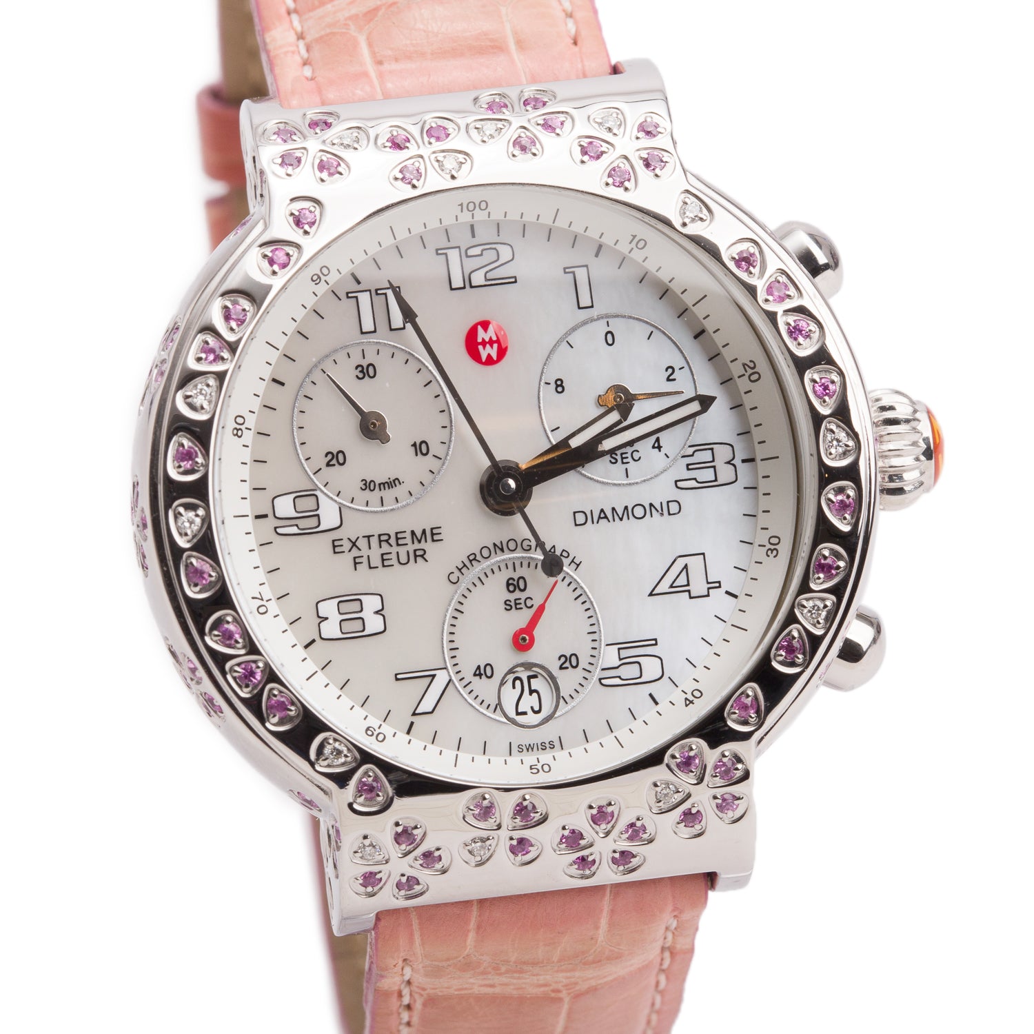 Michele Stainless Steel Diamond & Pink Sapphire Bezel Extreme Fleur 39 MM Chronograph Quartz Watch w/ Box & Papers