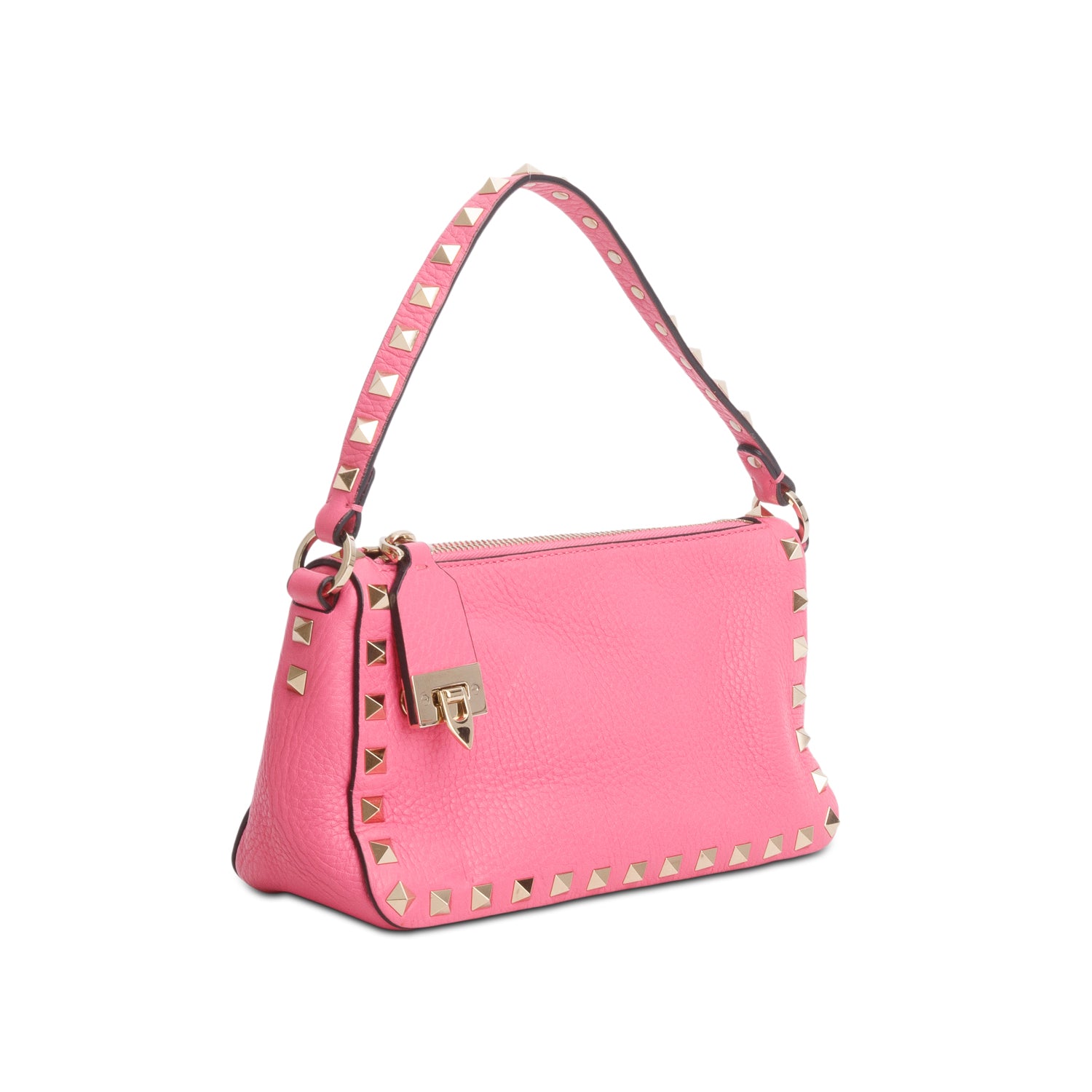 Valentino Pink Pebbled Calfskin Small Rockstud Flip Lock Shoulder Bag w/ Strap